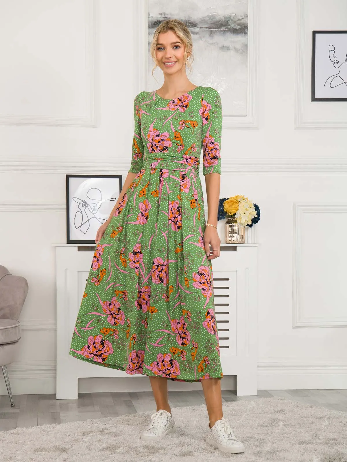 Kimberly Jersey 3/4 Sleeve Maxi Dress, Green Floral