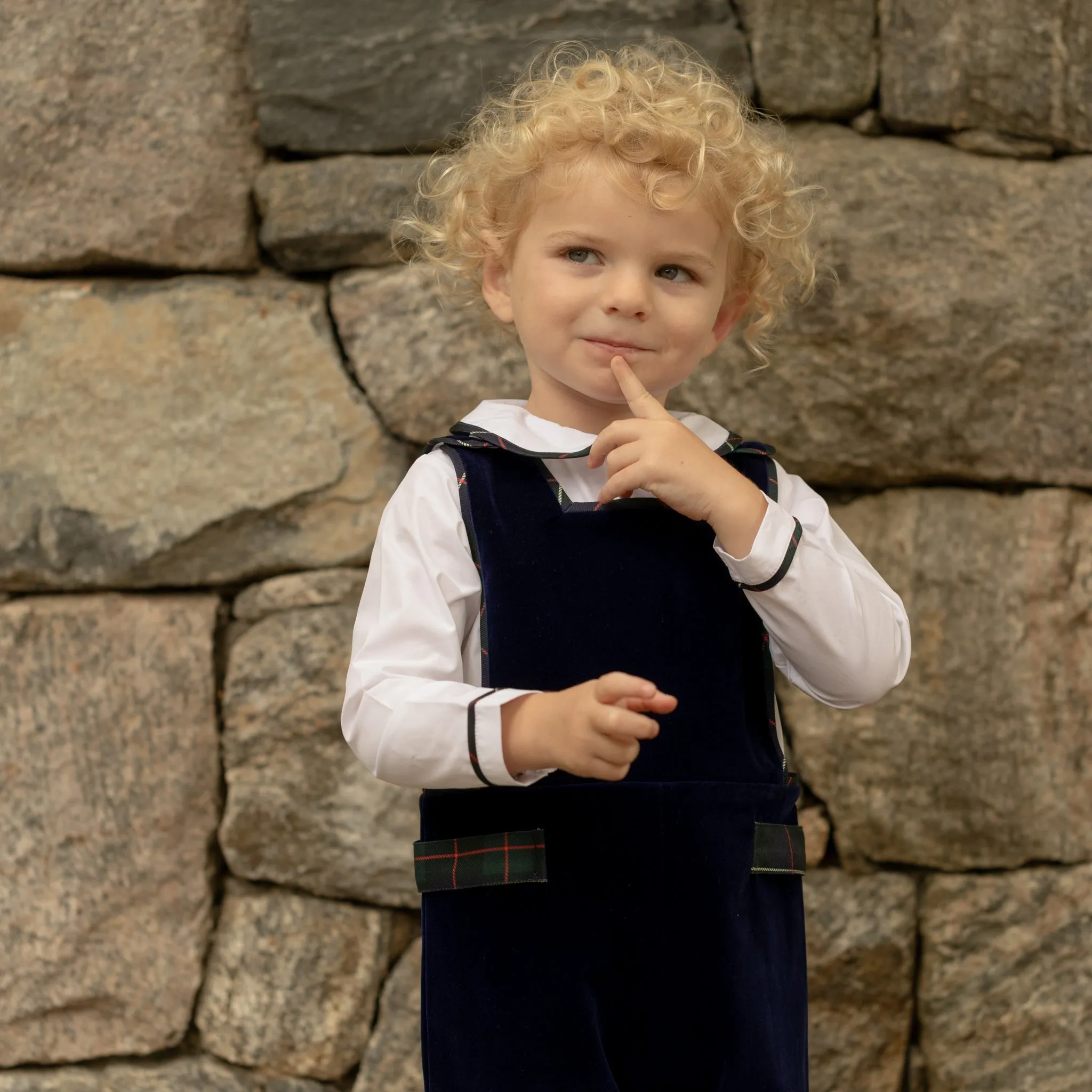 Long Sleeve Henry Peter Pan in Classic White with Tenley Tartan Trim