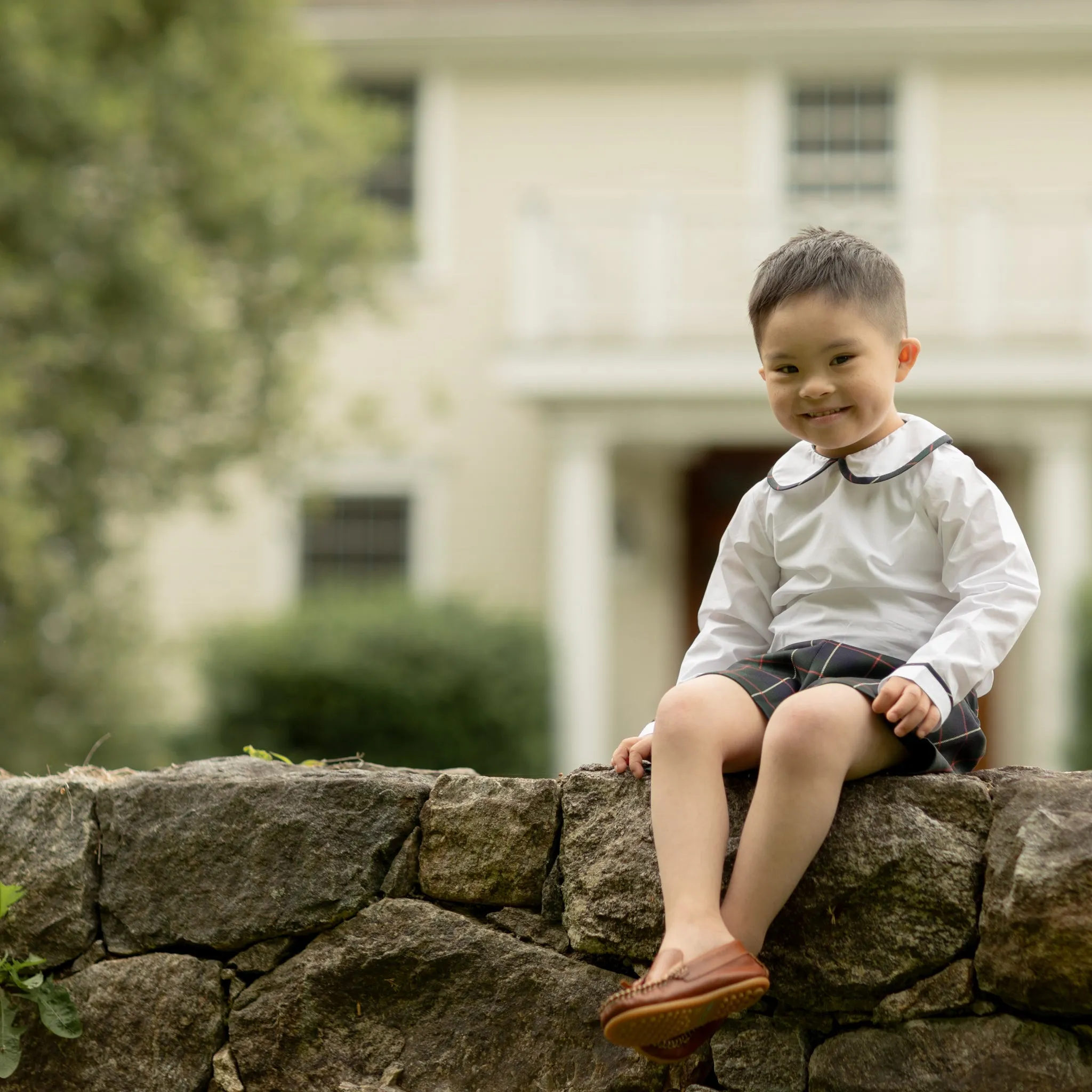 Long Sleeve Henry Peter Pan in Classic White with Tenley Tartan Trim