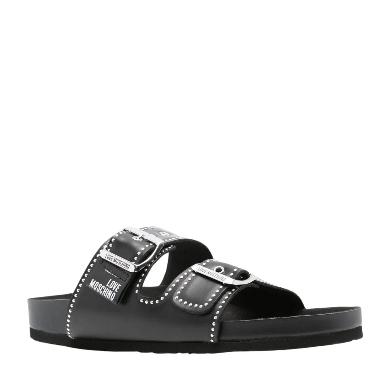 Love Moschino Sliver-Tone Stud Buckle Black Sandals