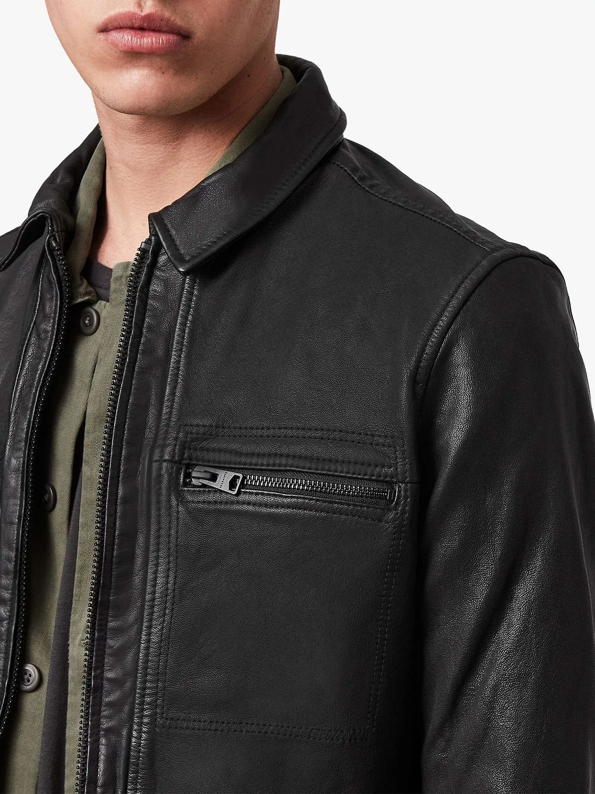 Men Solid Black Leather Jacket