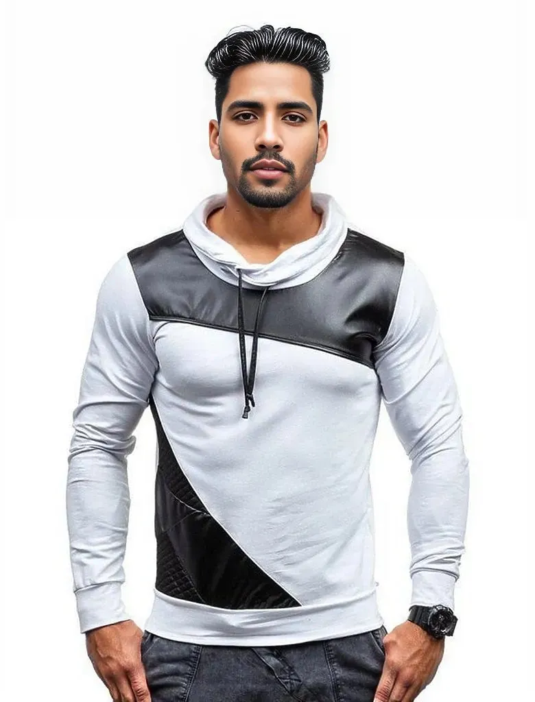 Men's Turtleneck Patch Leather Long Sleeve T Shirt