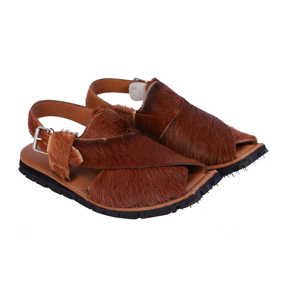 Mikaal Natural Mens Cow Hair On Rugged Leather Sandals Peshawari Chappal