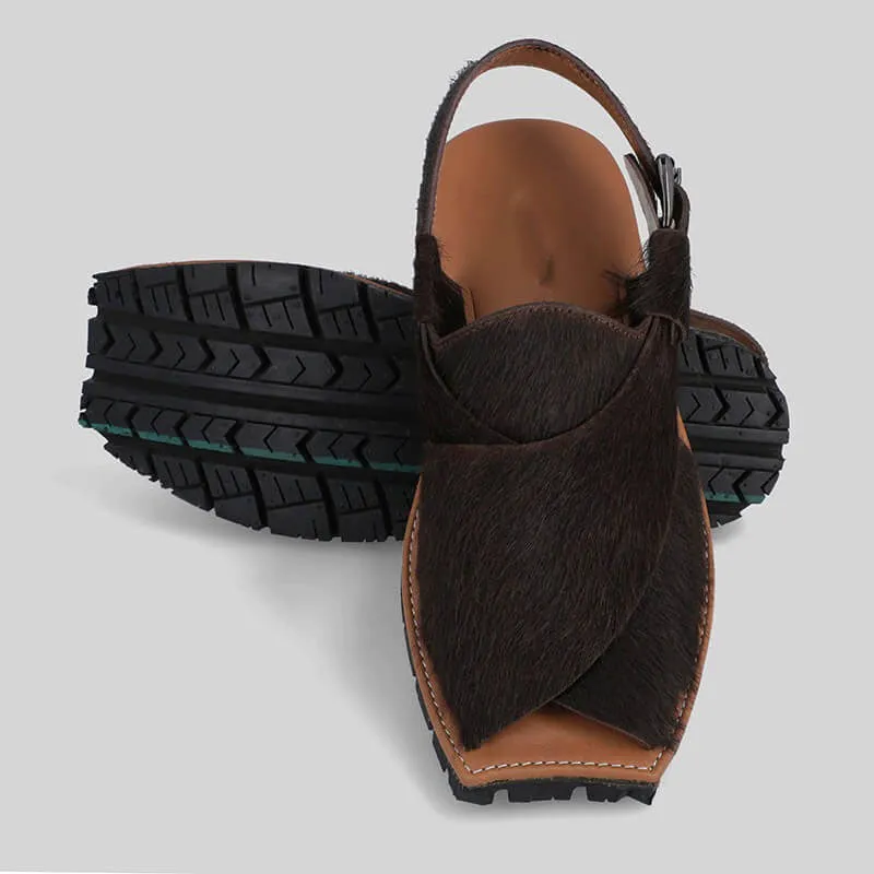 Mikaal Natural Mens Cow Hair On Rugged Leather Sandals Peshawari Chappal