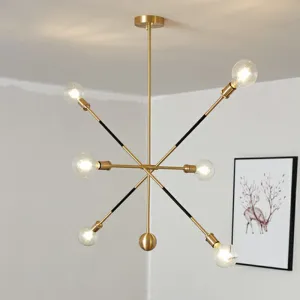 Minimalist Black and Gold Chandelier - 6 Lights Metal Pendant Lamp with Adjustable Design