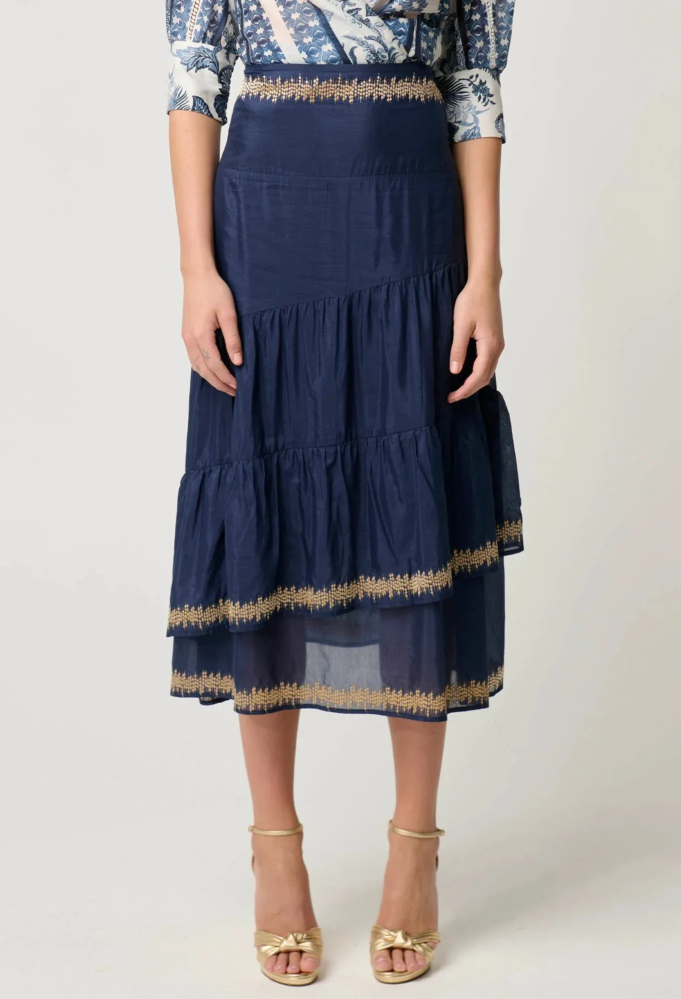 MUSTIQUE COTTON SILK EMBROIDERED SKIRT | Ink