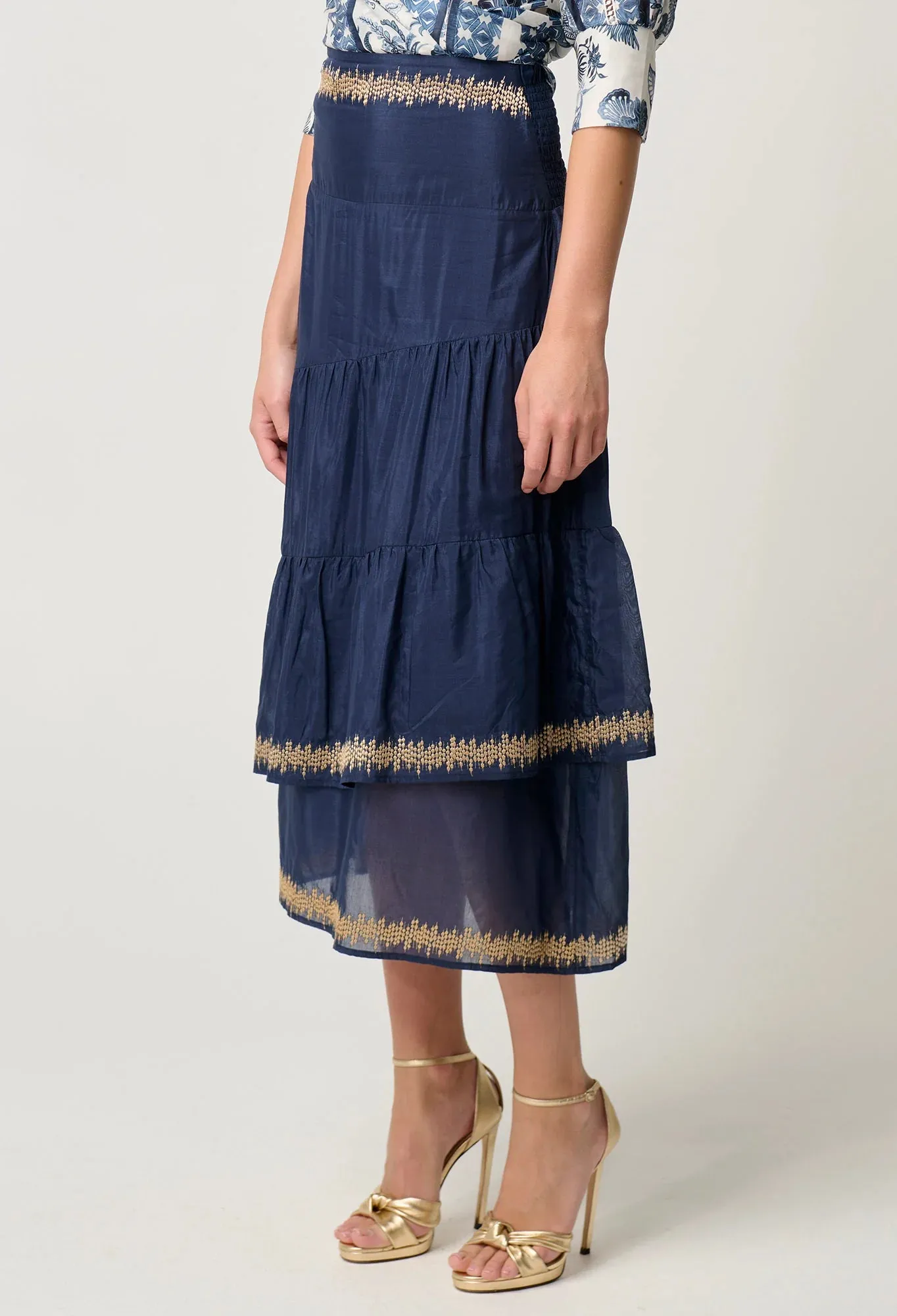 MUSTIQUE COTTON SILK EMBROIDERED SKIRT | Ink