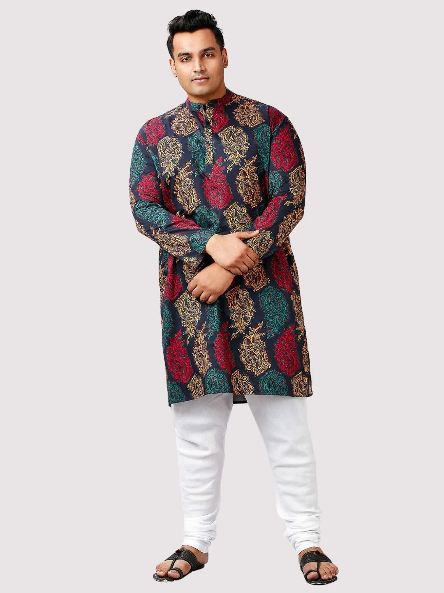 Nawab Printed Blue Red Kurta Men's Plus Size