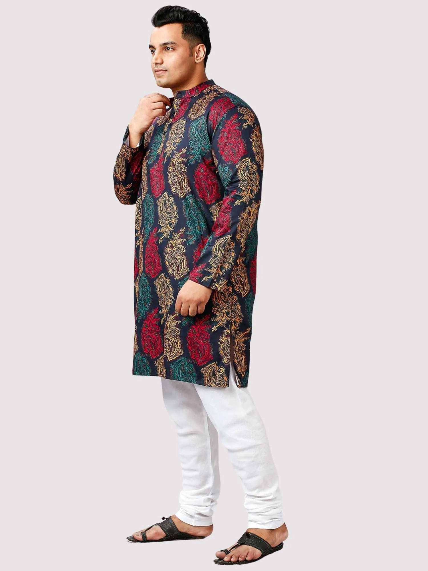 Nawab Printed Blue Red Kurta Men's Plus Size