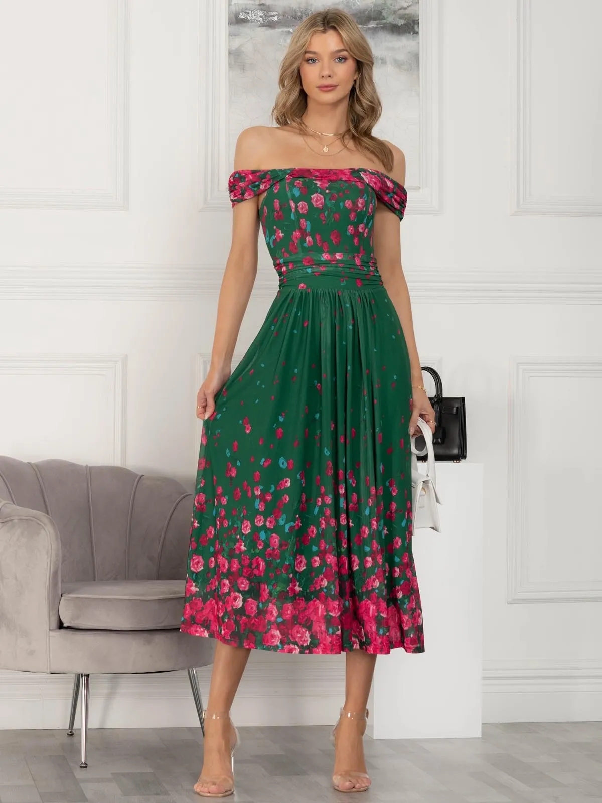 Oliana Mesh Bardot Neckline Dress, Green Floral