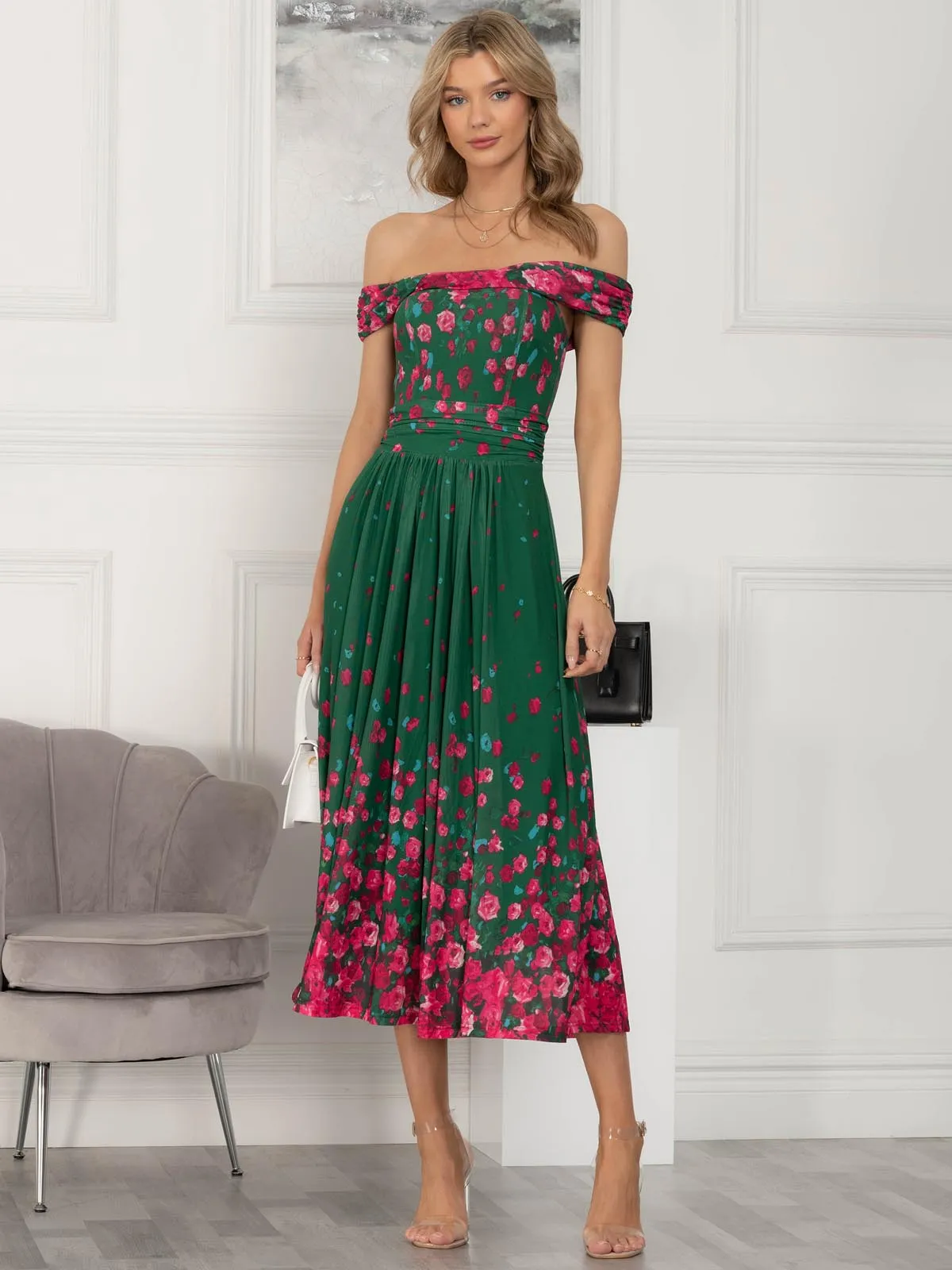 Oliana Mesh Bardot Neckline Dress, Green Floral