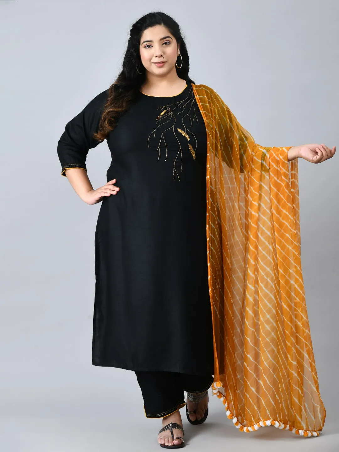 Plus Size Black Paradise Kurta Pant Set