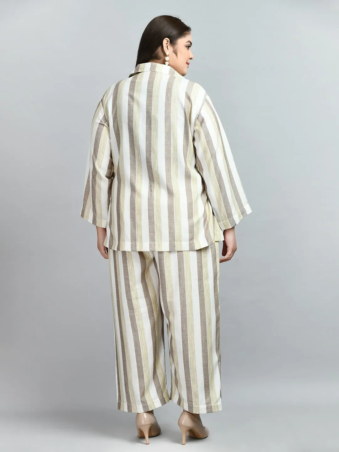 Plus Size Formal White & Beige Striped Co-ord Set