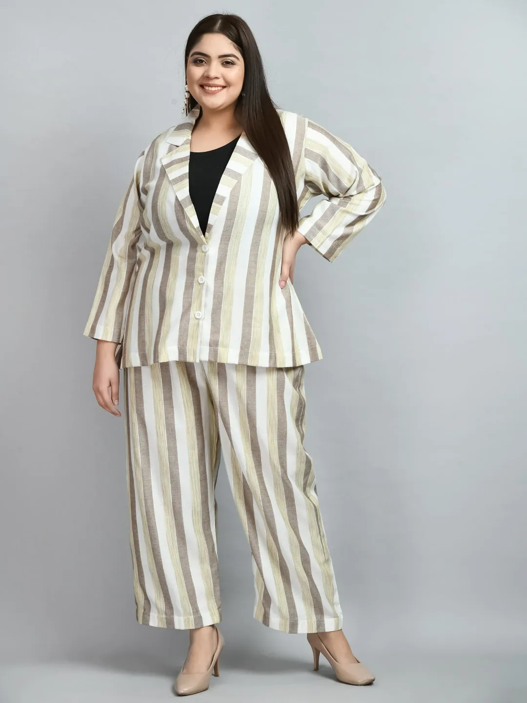 Plus Size Formal White & Beige Striped Co-ord Set