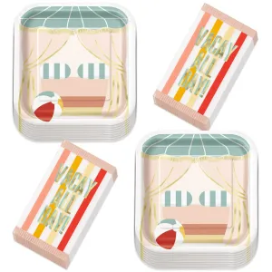 Poolside Summer Cabana Pink & Gold Boutique Paper Dinner Plates & Fancy Fringe Napkins