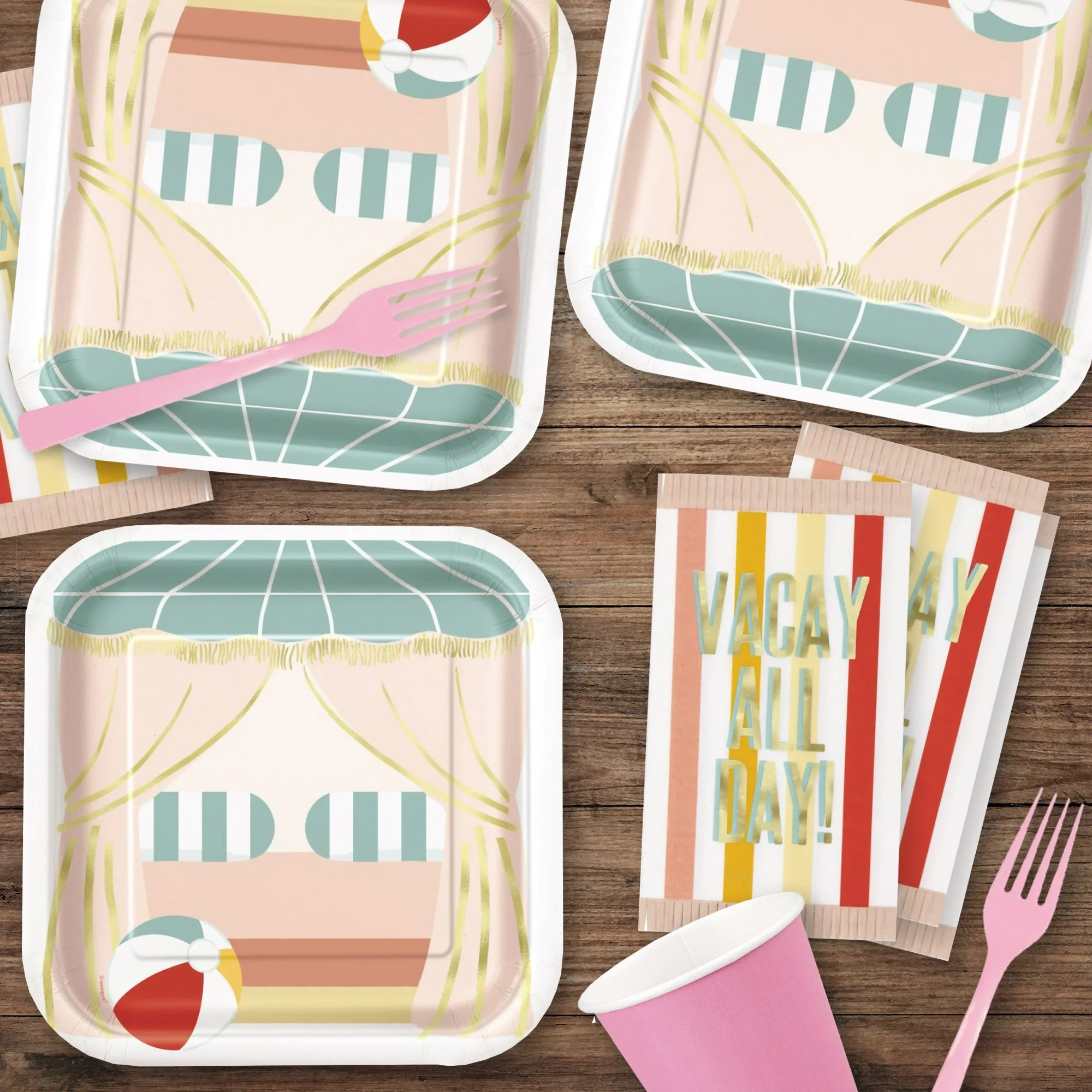 Poolside Summer Cabana Pink & Gold Boutique Paper Dinner Plates & Fancy Fringe Napkins