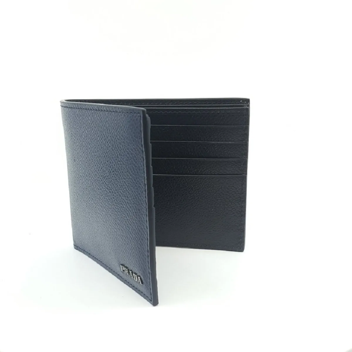 Prada Mens Bifold Vitello Micro Grain Baltico Blue Nero Black Mens Wallet 2MO513