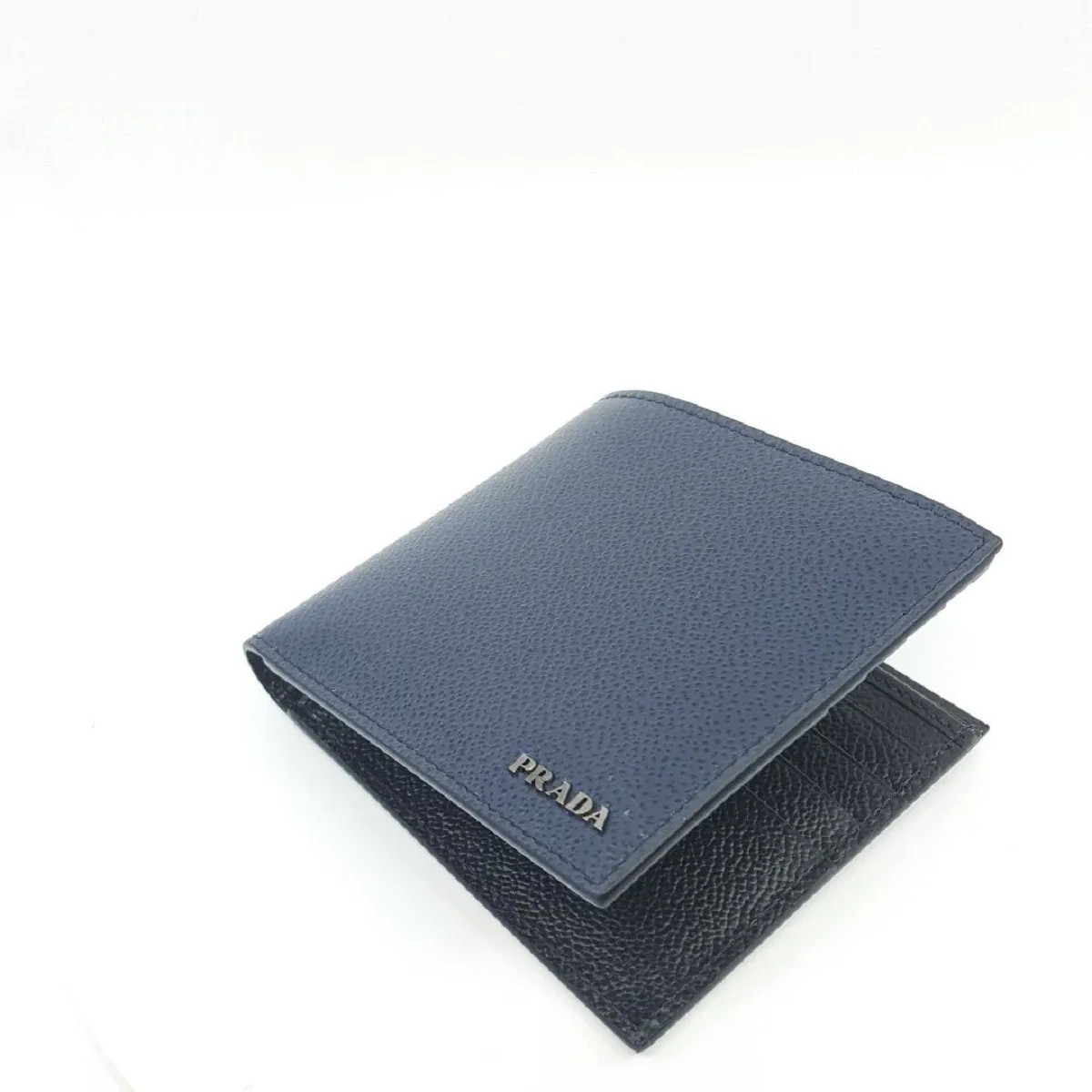 Prada Mens Bifold Vitello Micro Grain Baltico Blue Nero Black Mens Wallet 2MO513