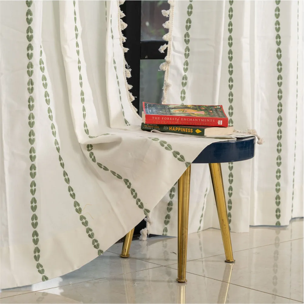 Premium 100% Cotton Embroidery Curtain for Window & Door - Pack of 1 Curtain, Vintage Braid Green