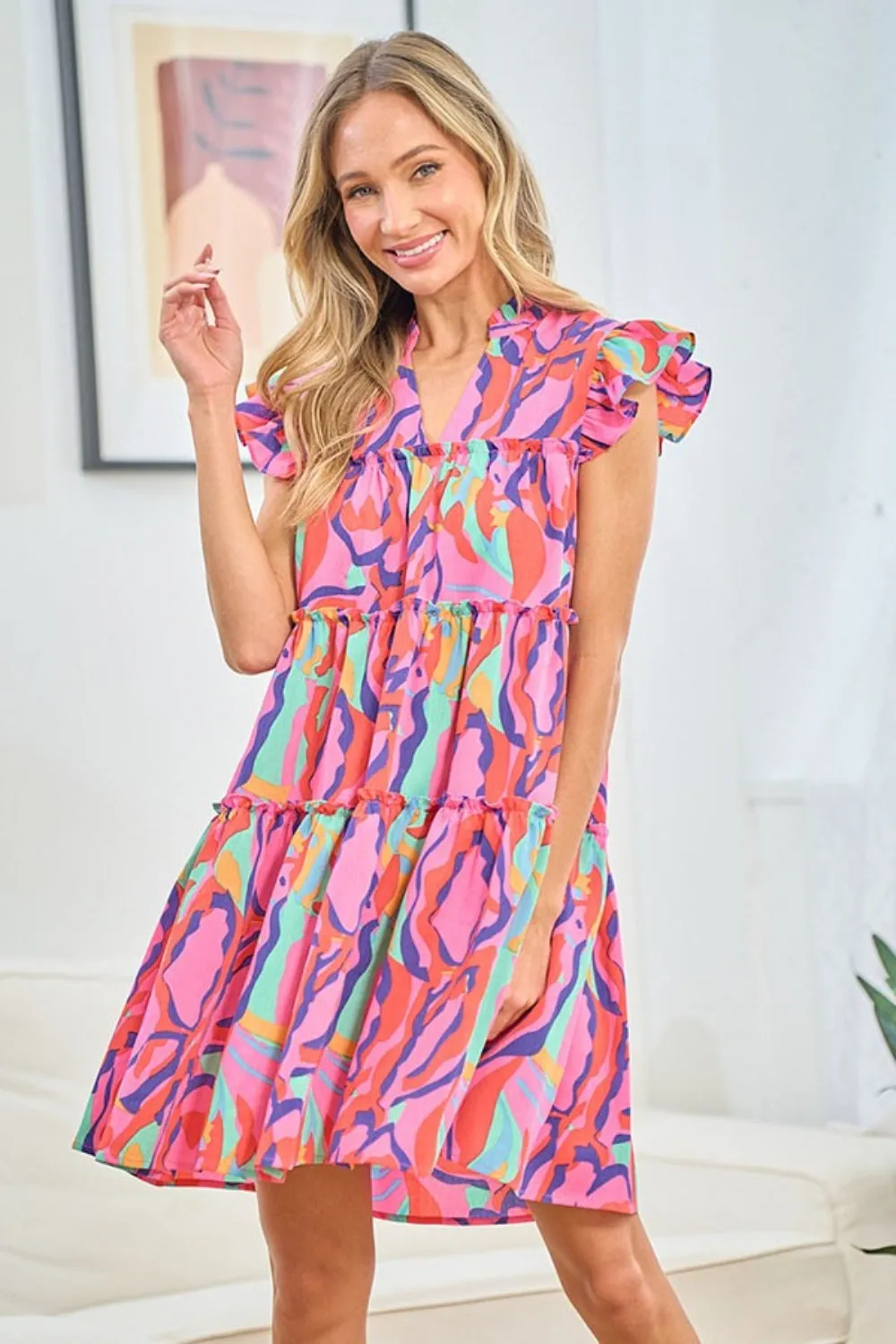 Printed Ruffle Cap Sleeve Tiered Dress