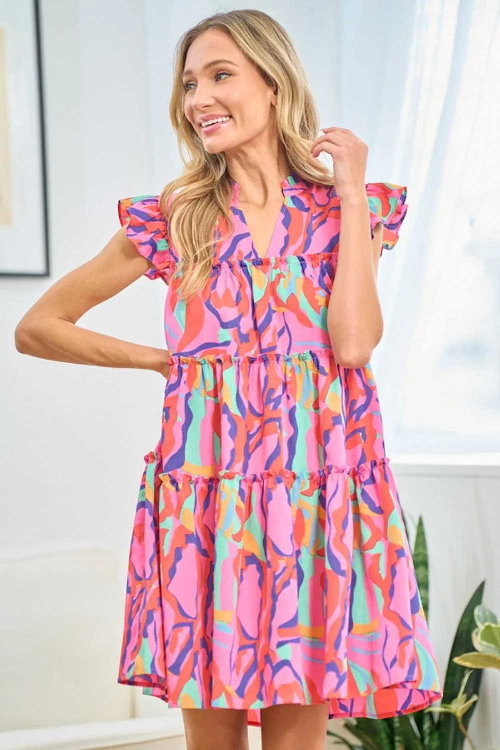 Printed Ruffle Cap Sleeve Tiered Dress