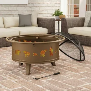 Pure Garden Outdoor Deep Fire Pit Steel Bowl with Bear Cutouts, Antique Gold