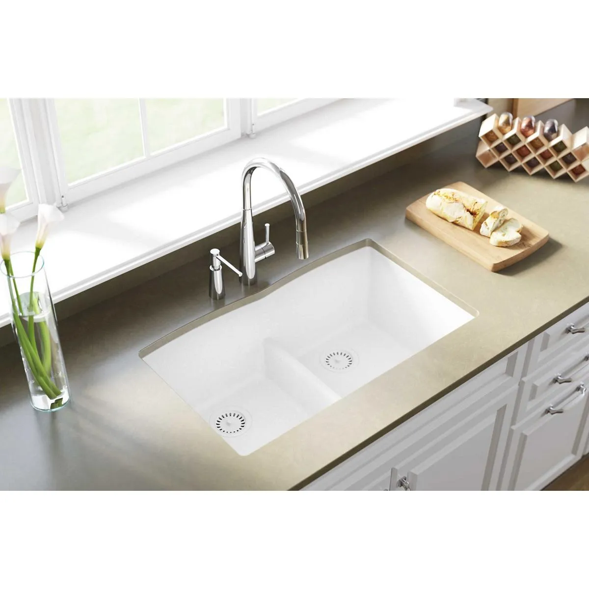 Quartz Classic 33" x 19" x 10" Double-Basin Undermount Kitchen Sink in White