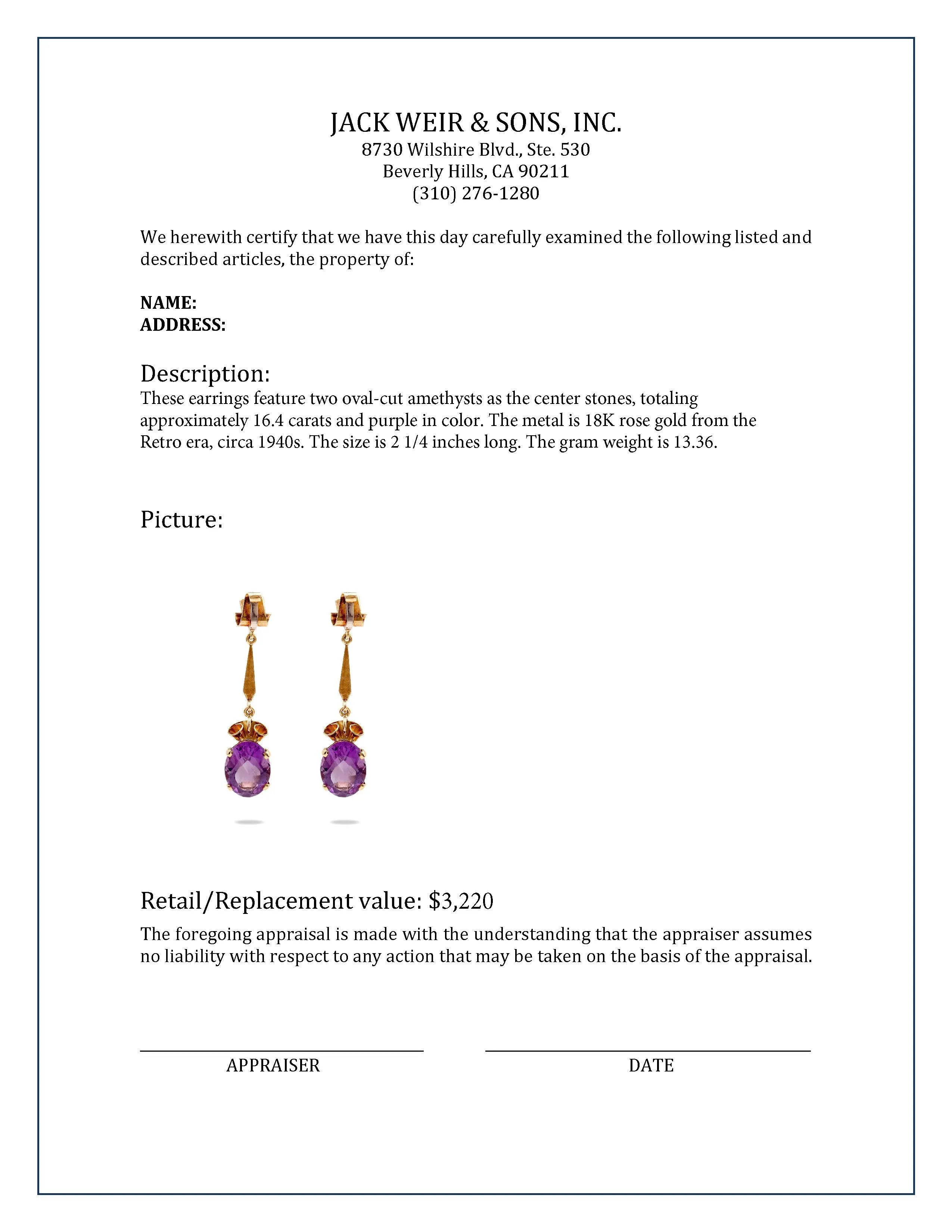 Retro 16.4 Carat Amethyst 18K Rose Gold Drop Earrings