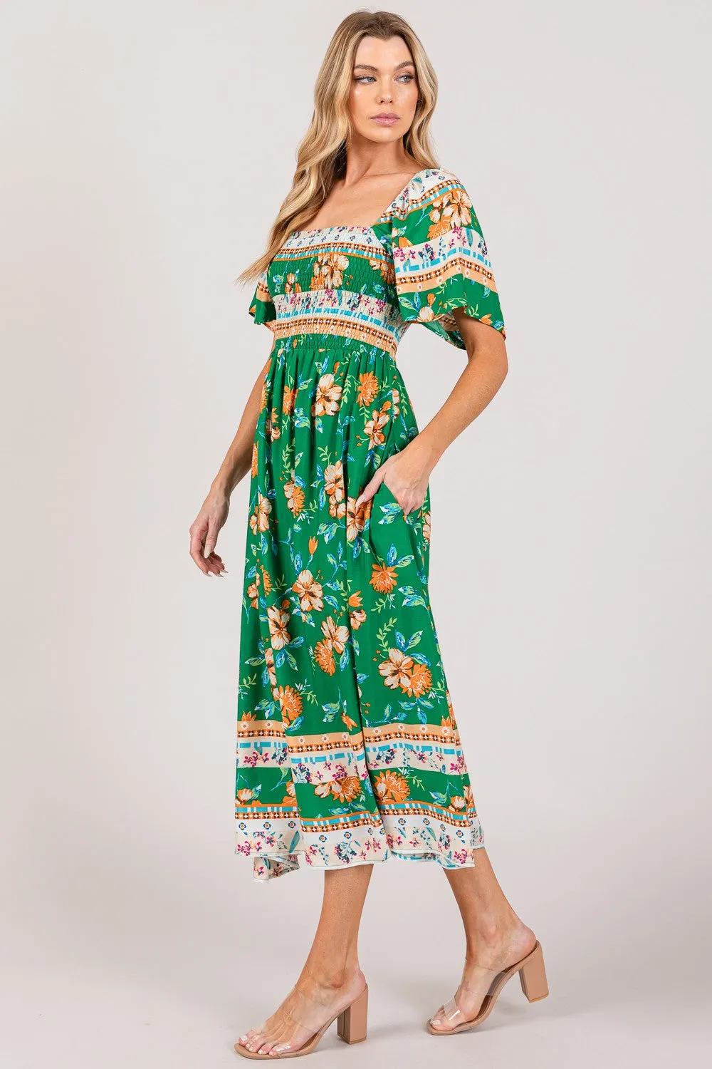 SAGE   FIG Printed Smocked Short Sleeve Midi Dress