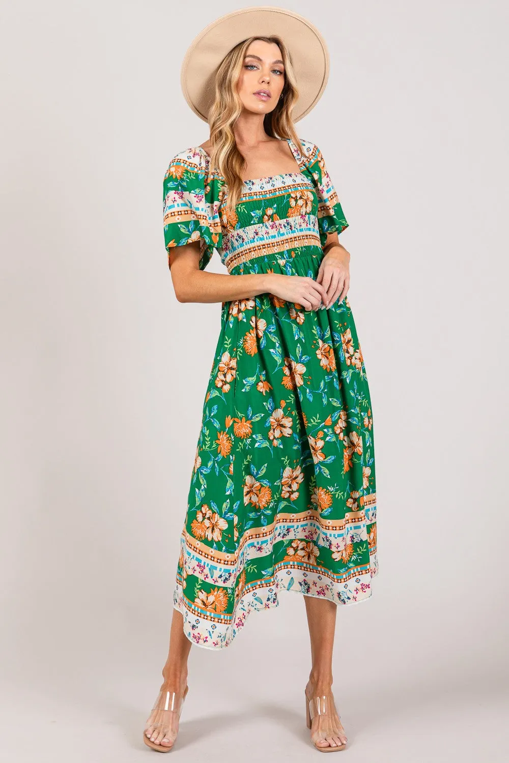 SAGE   FIG Printed Smocked Short Sleeve Midi Dress