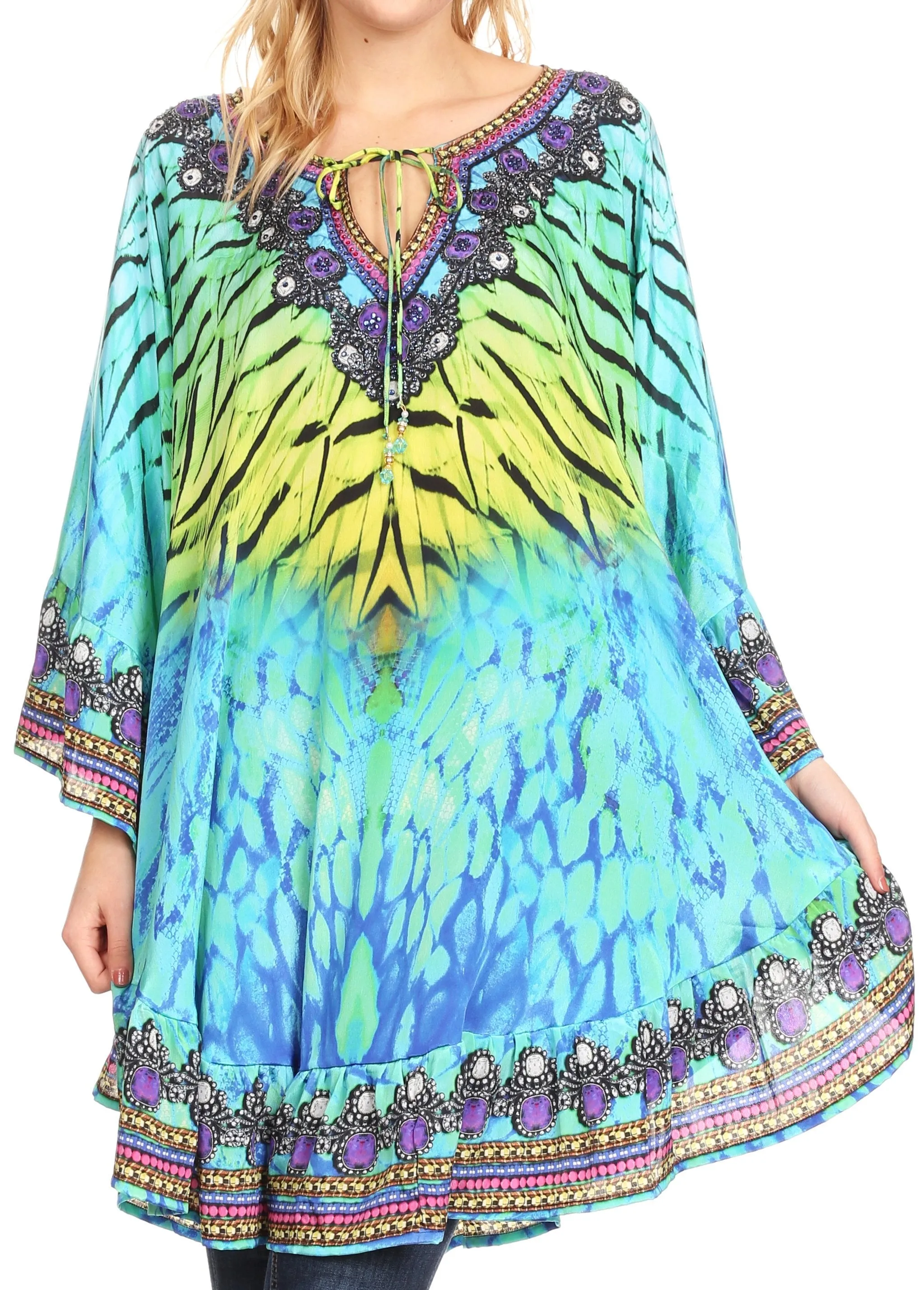 Sakkas Delu Women's Loose V Neck Blouses Top Tunic with Ruffles And Rhinestone