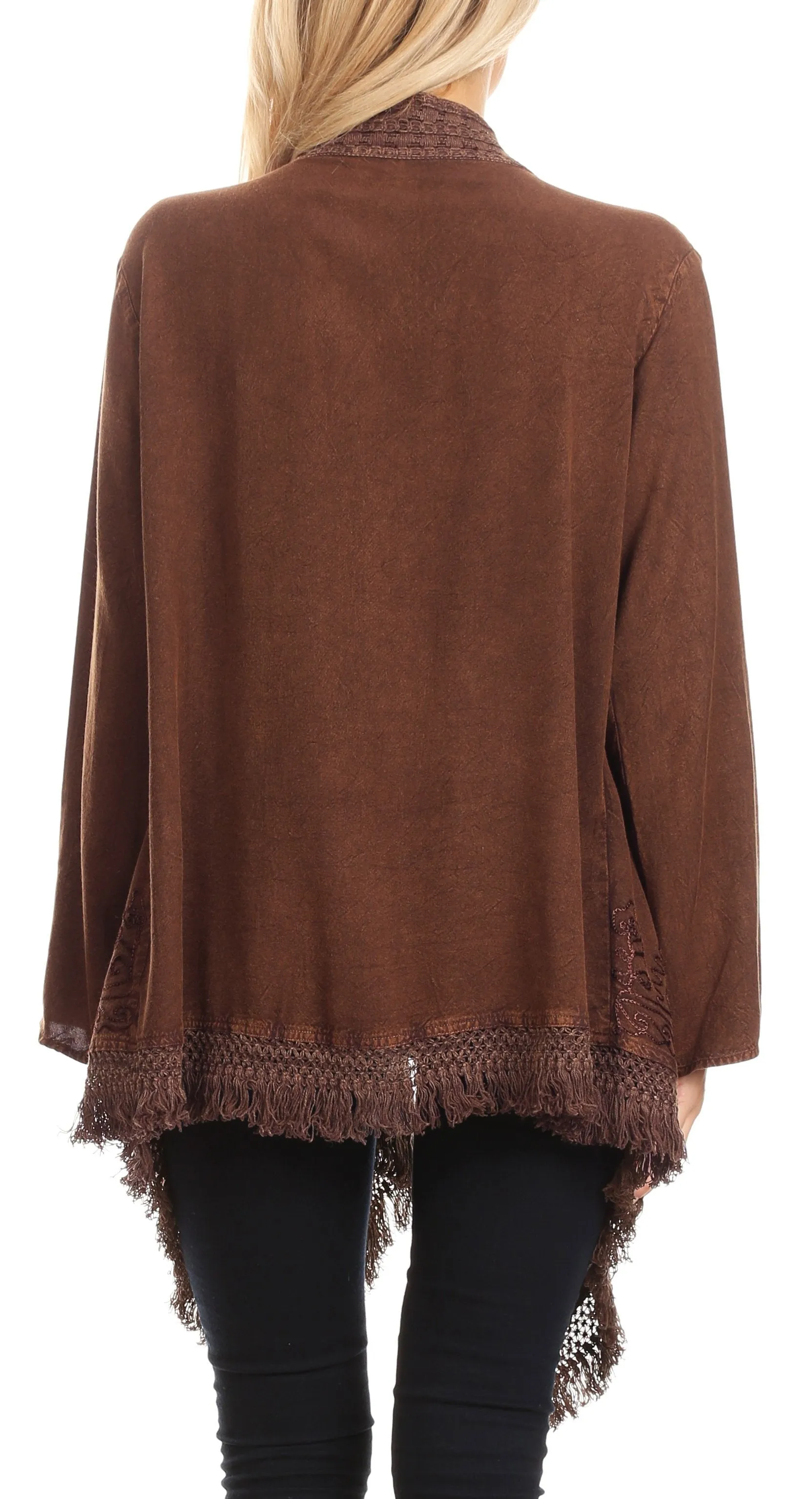 Sakkas Iris Womens Asymmetrical Cardigan Shrug Top with Embroidery and Fringe