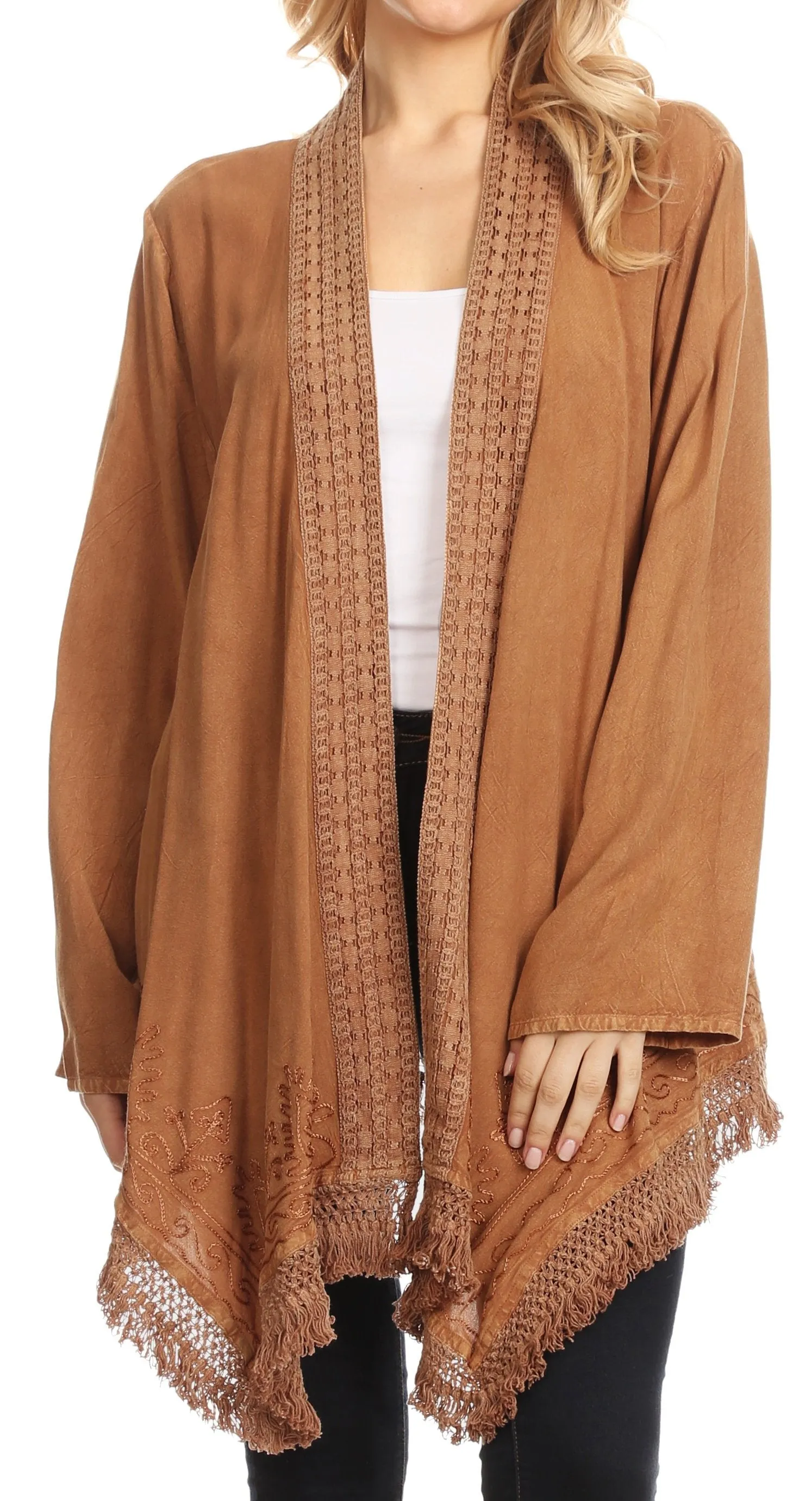 Sakkas Iris Womens Asymmetrical Cardigan Shrug Top with Embroidery and Fringe