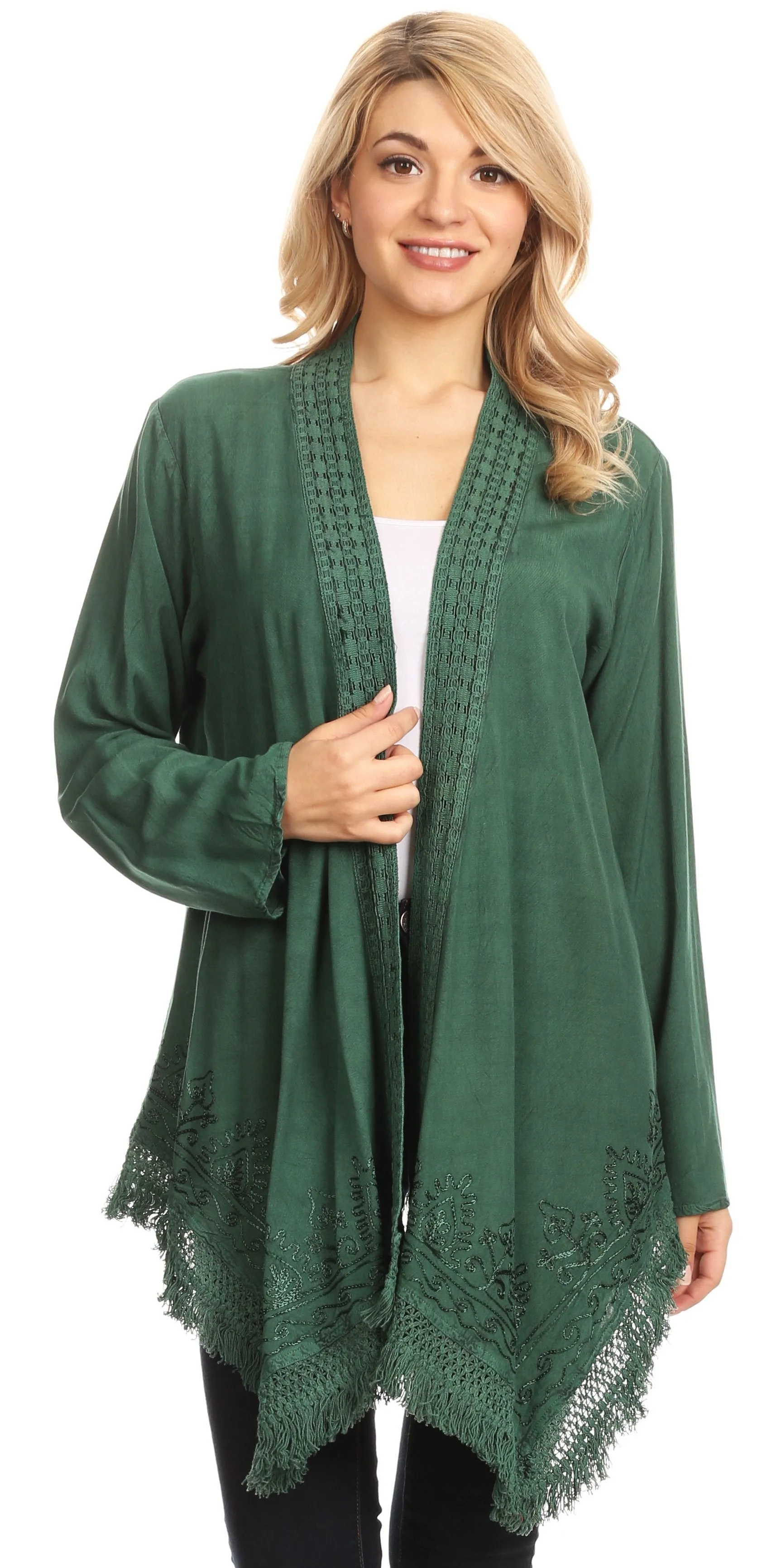 Sakkas Iris Womens Asymmetrical Cardigan Shrug Top with Embroidery and Fringe