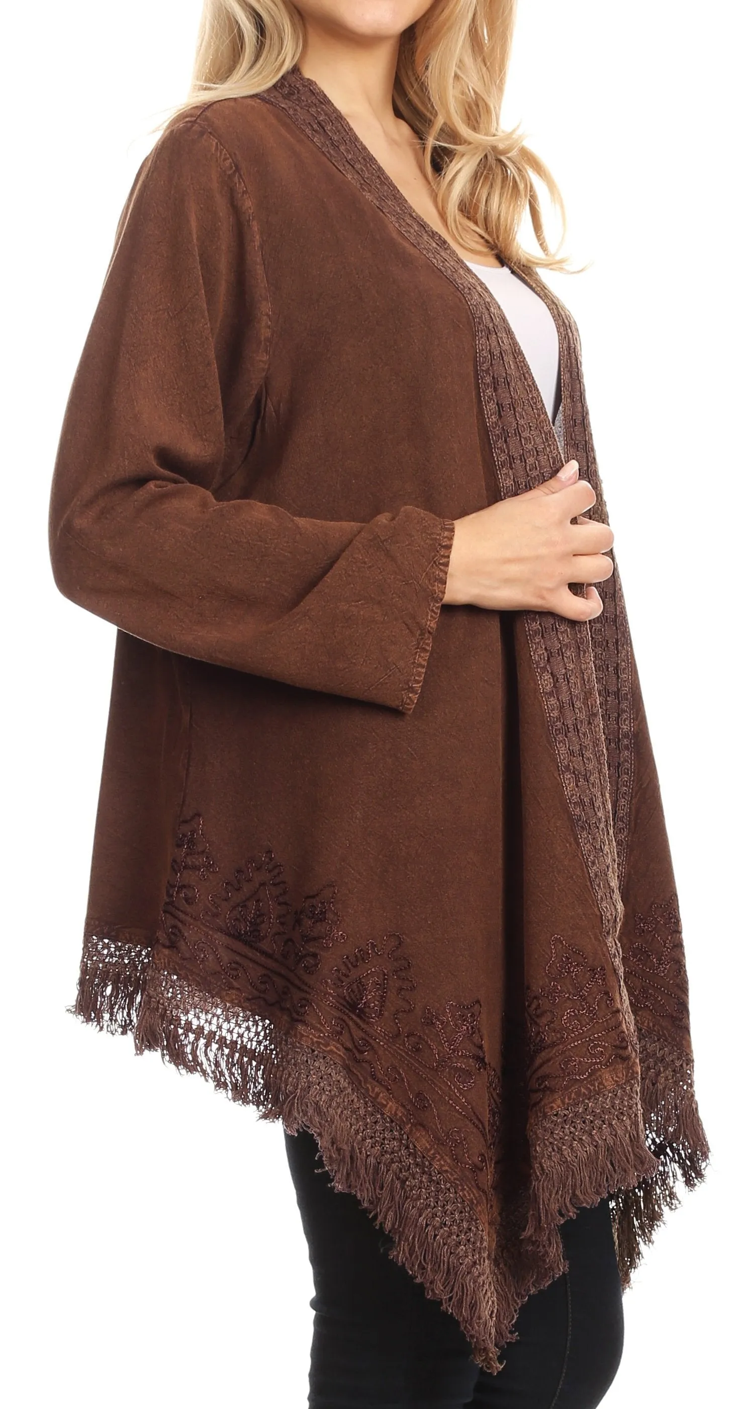 Sakkas Iris Womens Asymmetrical Cardigan Shrug Top with Embroidery and Fringe