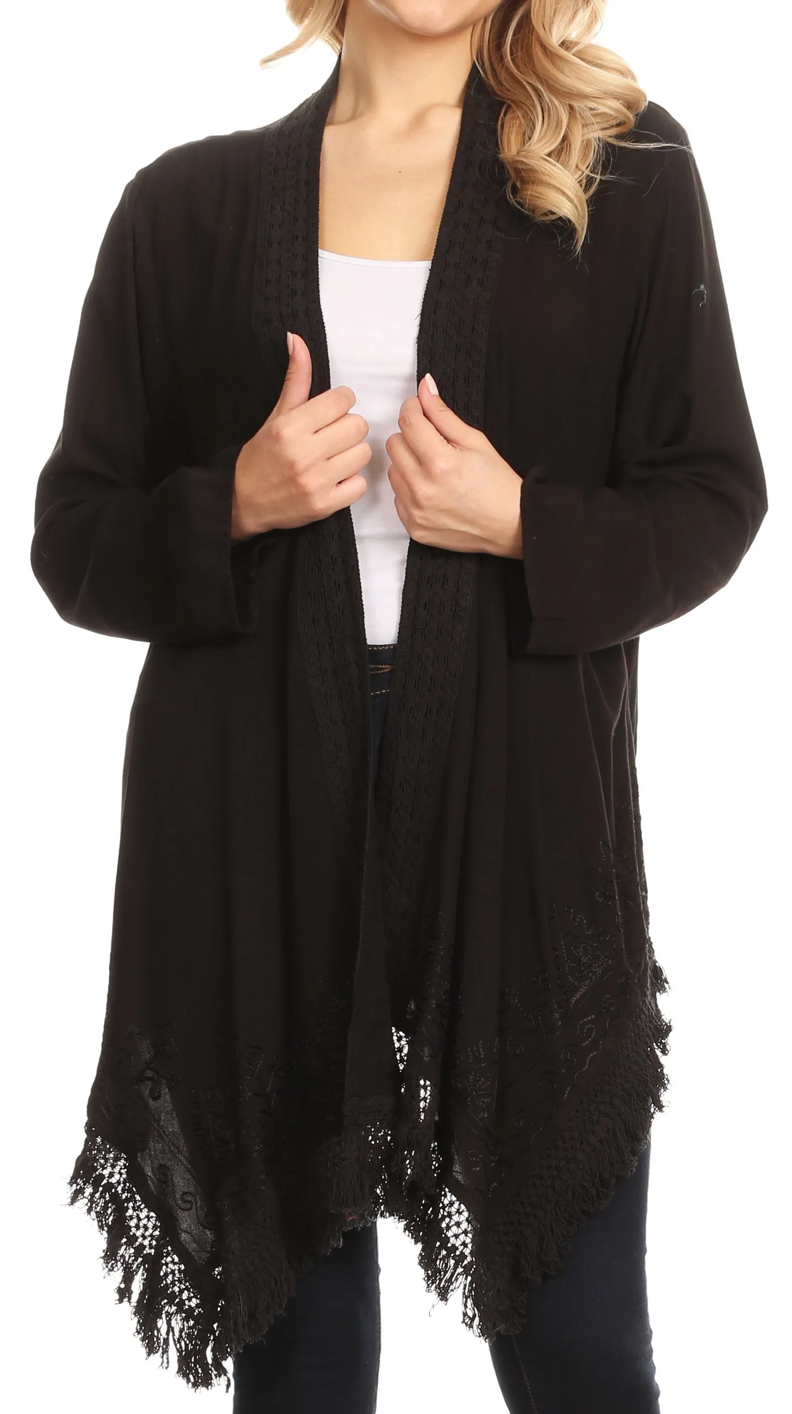 Sakkas Iris Womens Asymmetrical Cardigan Shrug Top with Embroidery and Fringe