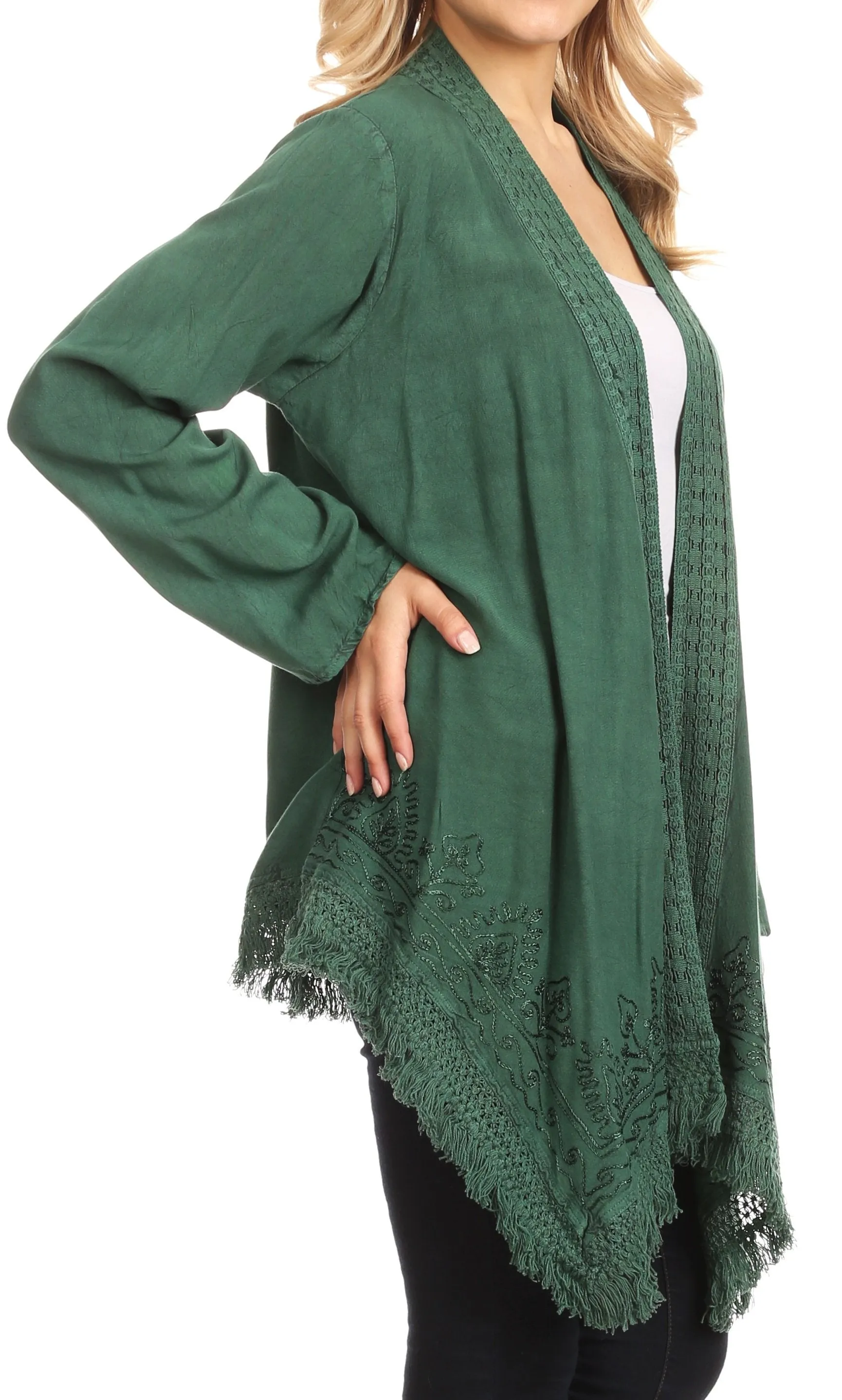 Sakkas Iris Womens Asymmetrical Cardigan Shrug Top with Embroidery and Fringe