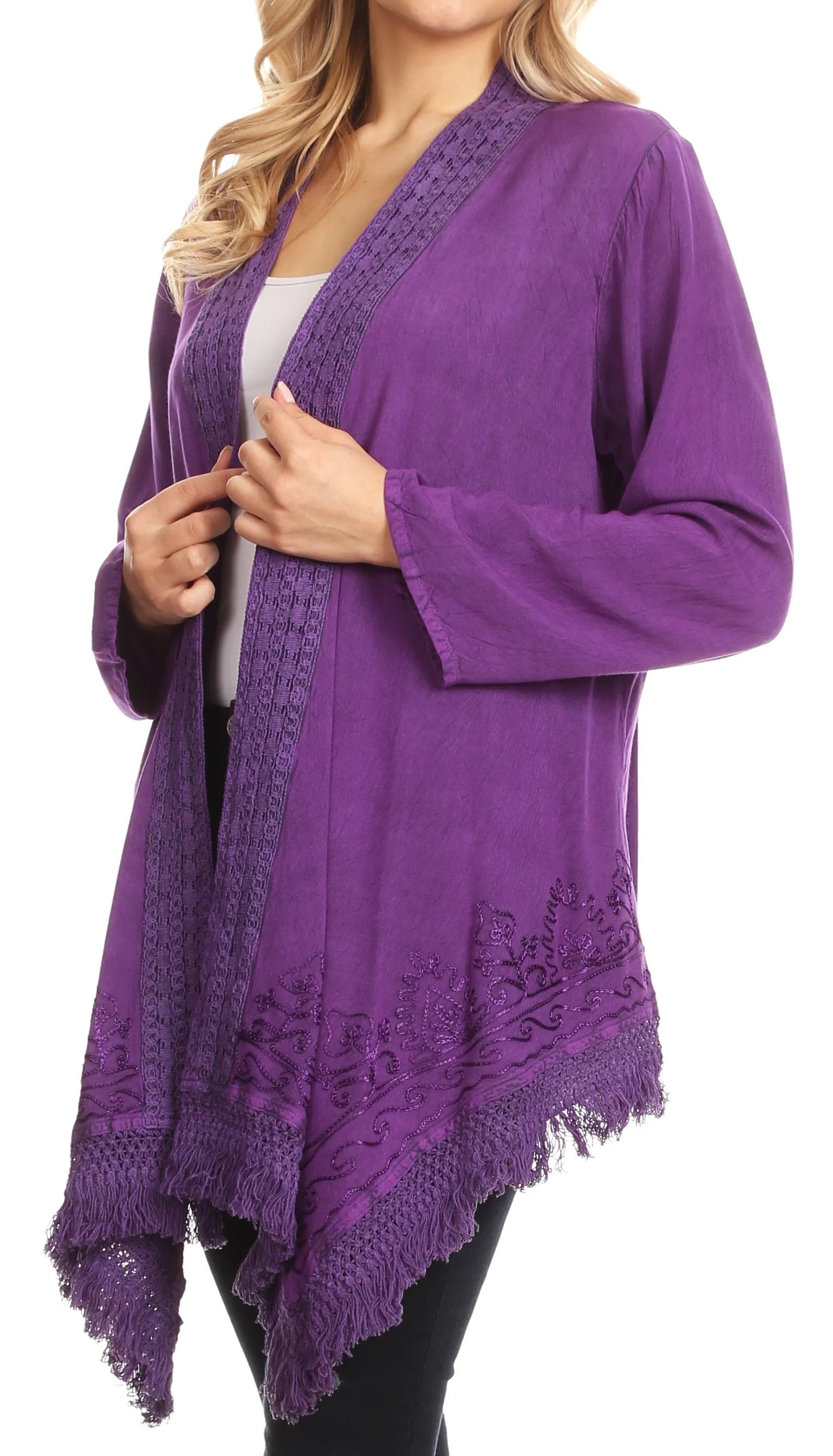 Sakkas Iris Womens Asymmetrical Cardigan Shrug Top with Embroidery and Fringe