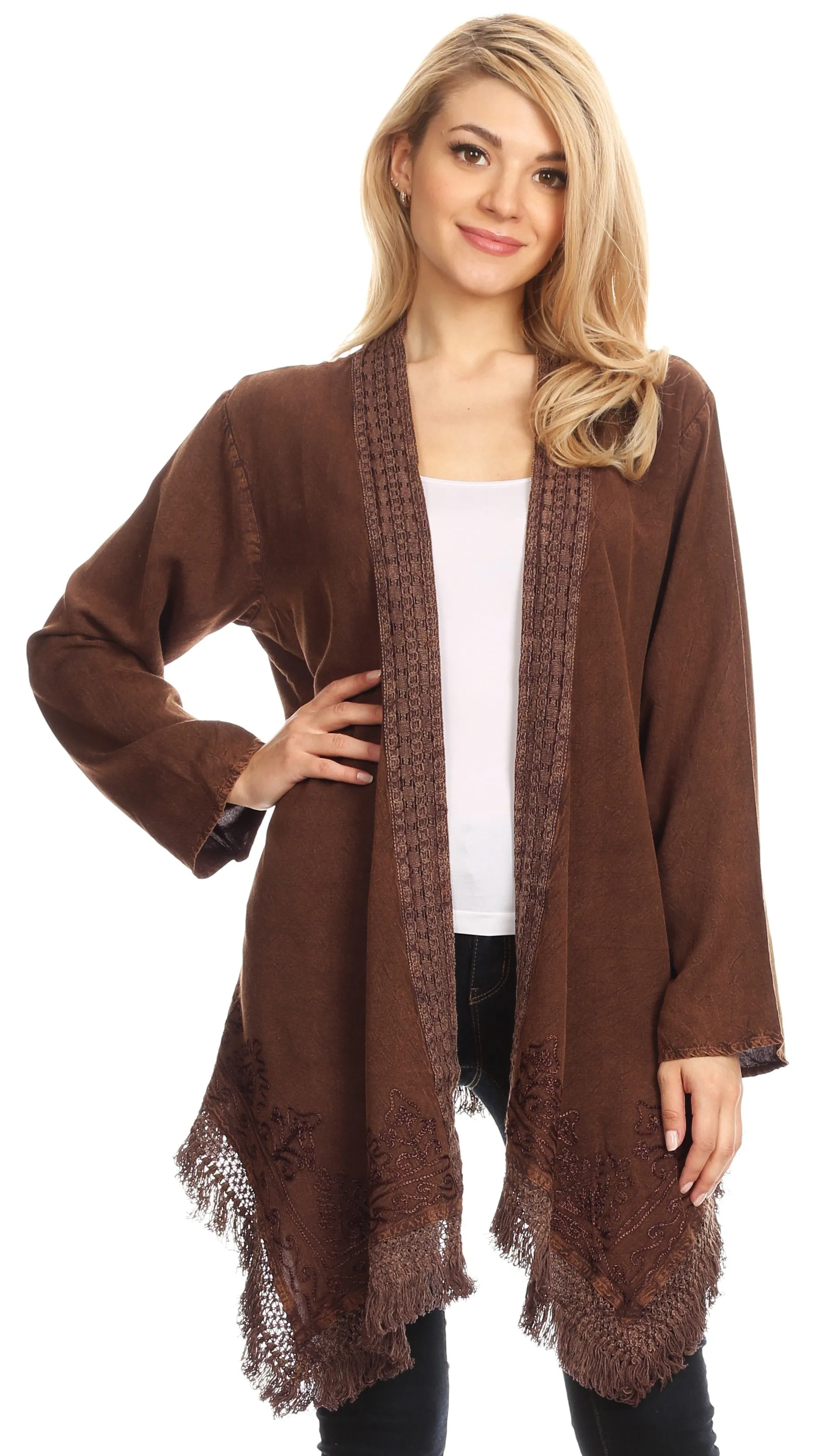 Sakkas Iris Womens Asymmetrical Cardigan Shrug Top with Embroidery and Fringe