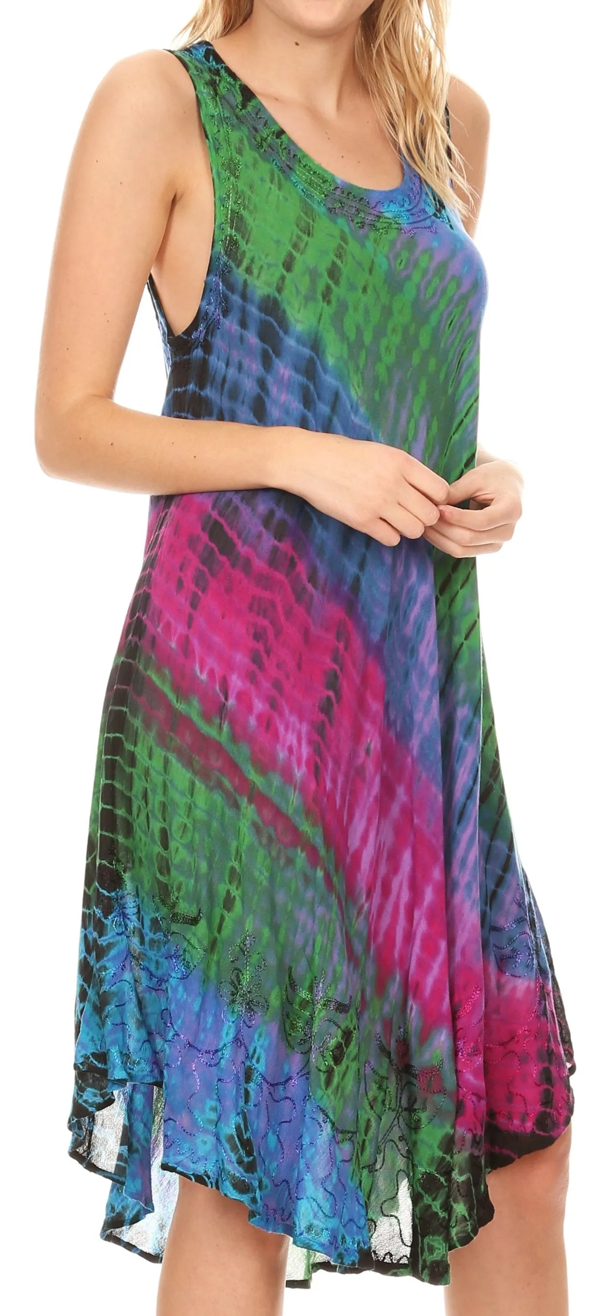 Sakkas Isola Women's Tank Summer Bohemian Swing Midi Dress Sleeveless Tie-dye