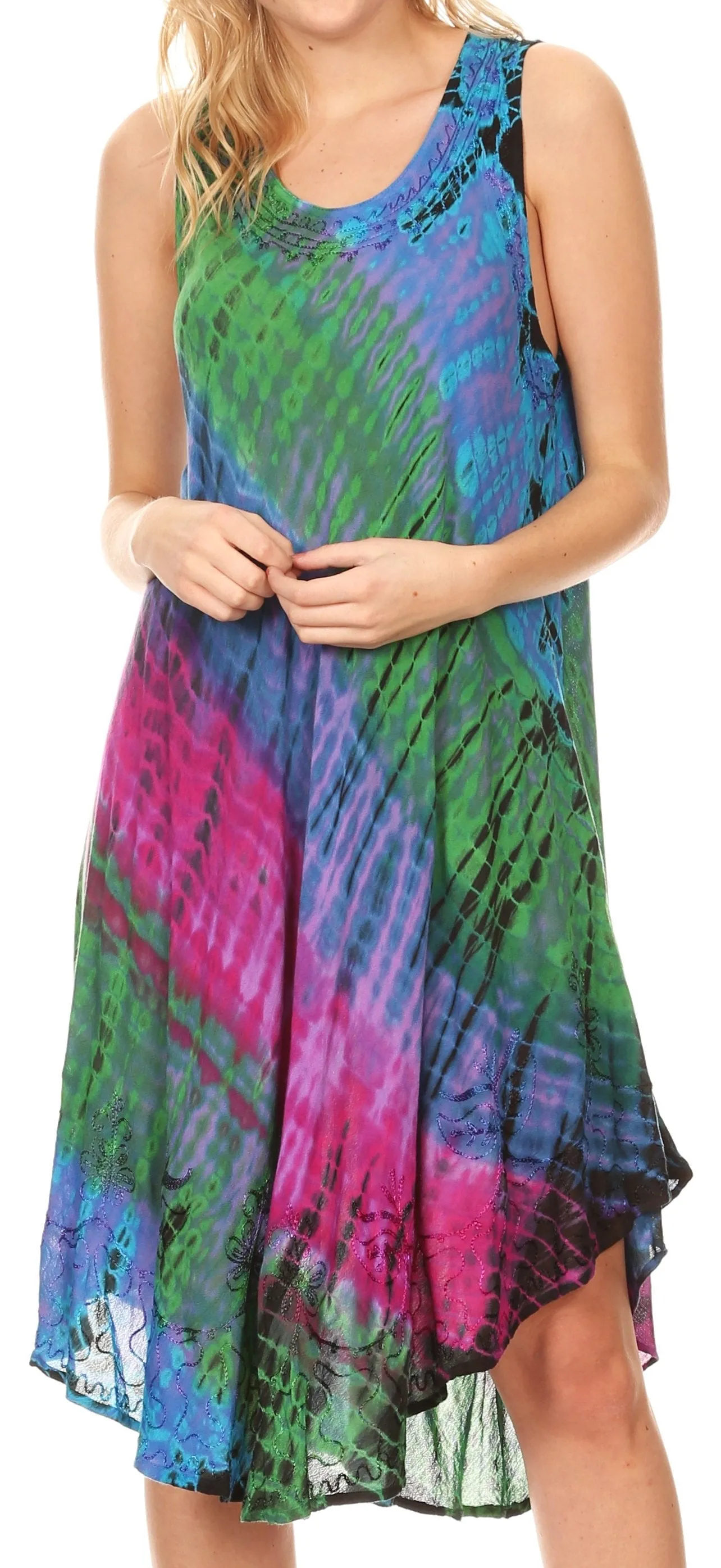 Sakkas Isola Women's Tank Summer Bohemian Swing Midi Dress Sleeveless Tie-dye