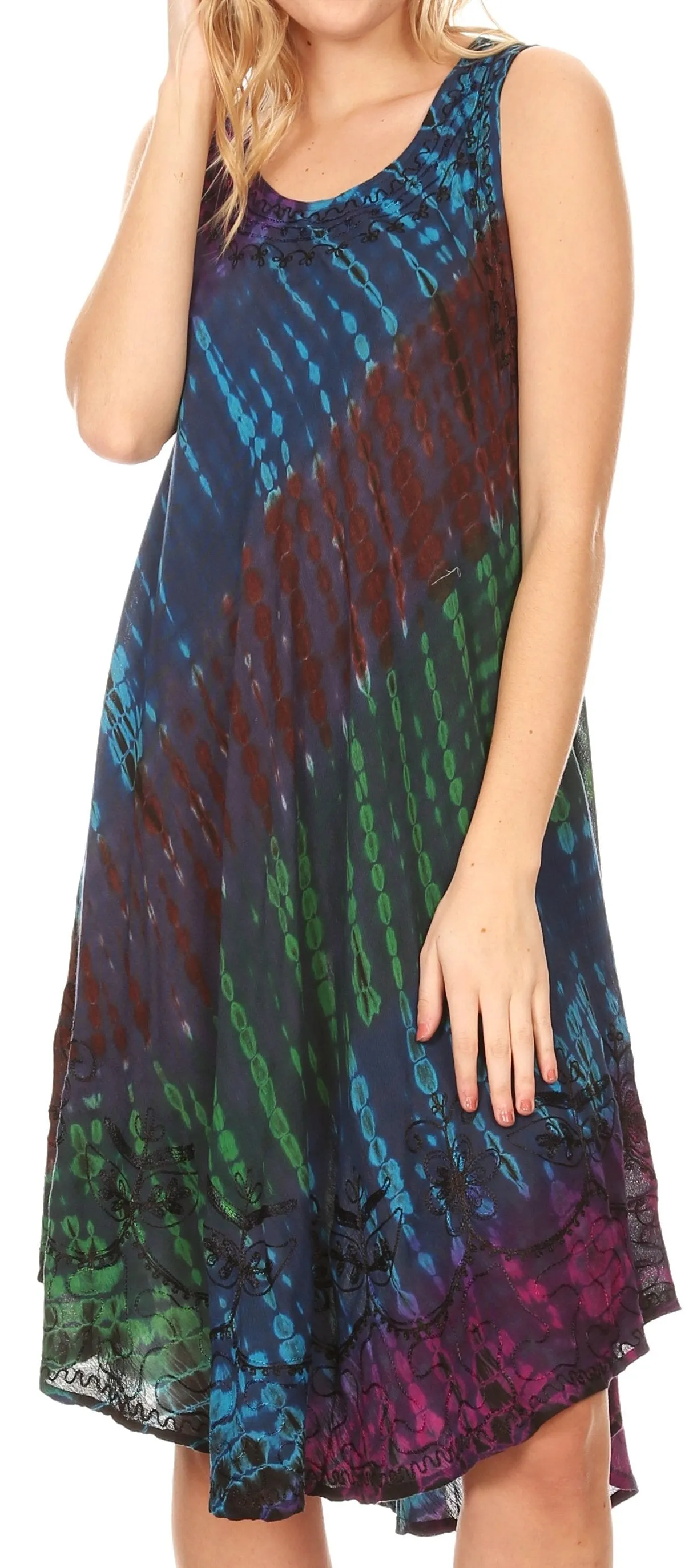 Sakkas Isola Women's Tank Summer Bohemian Swing Midi Dress Sleeveless Tie-dye