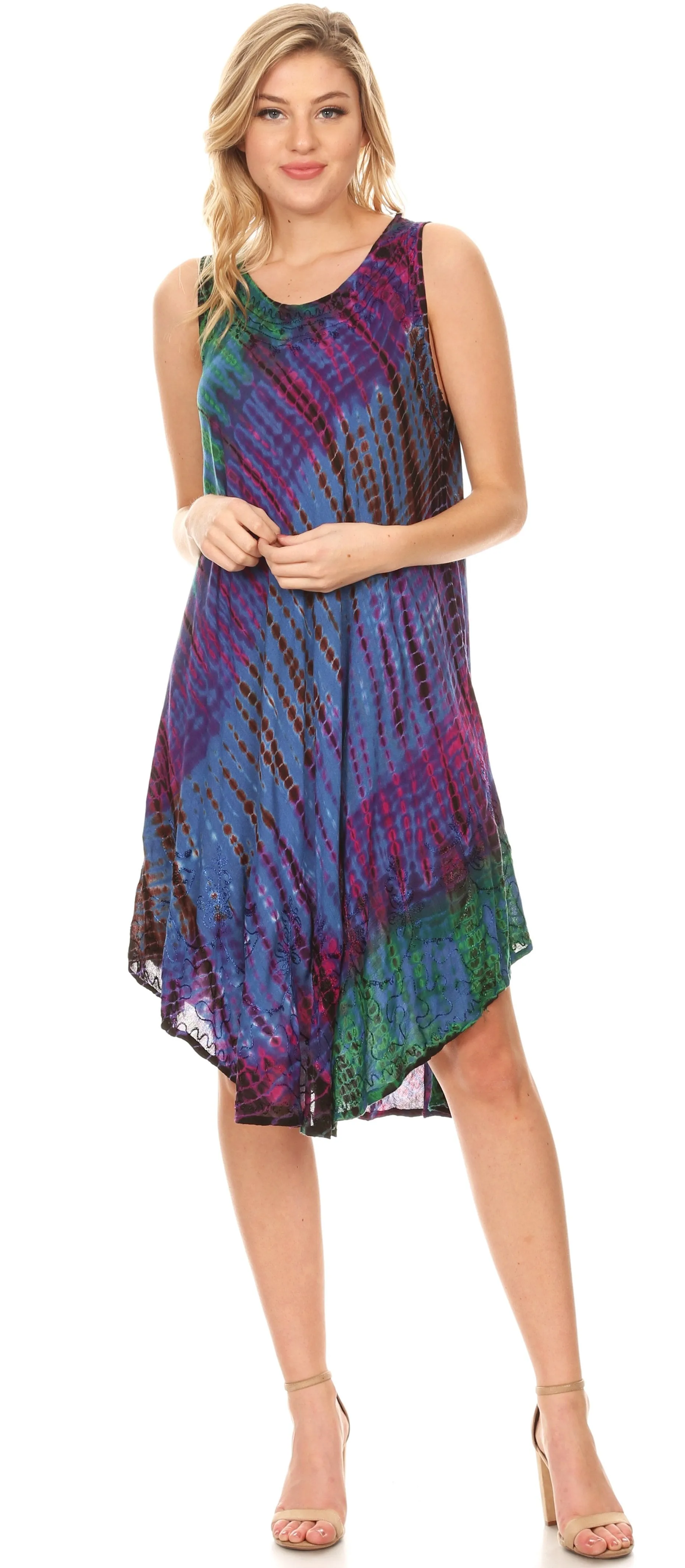 Sakkas Isola Women's Tank Summer Bohemian Swing Midi Dress Sleeveless Tie-dye