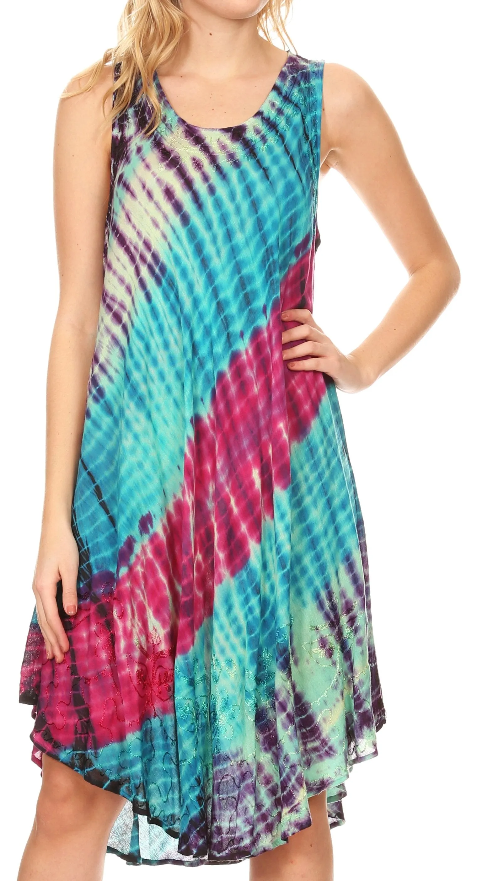 Sakkas Isola Women's Tank Summer Bohemian Swing Midi Dress Sleeveless Tie-dye