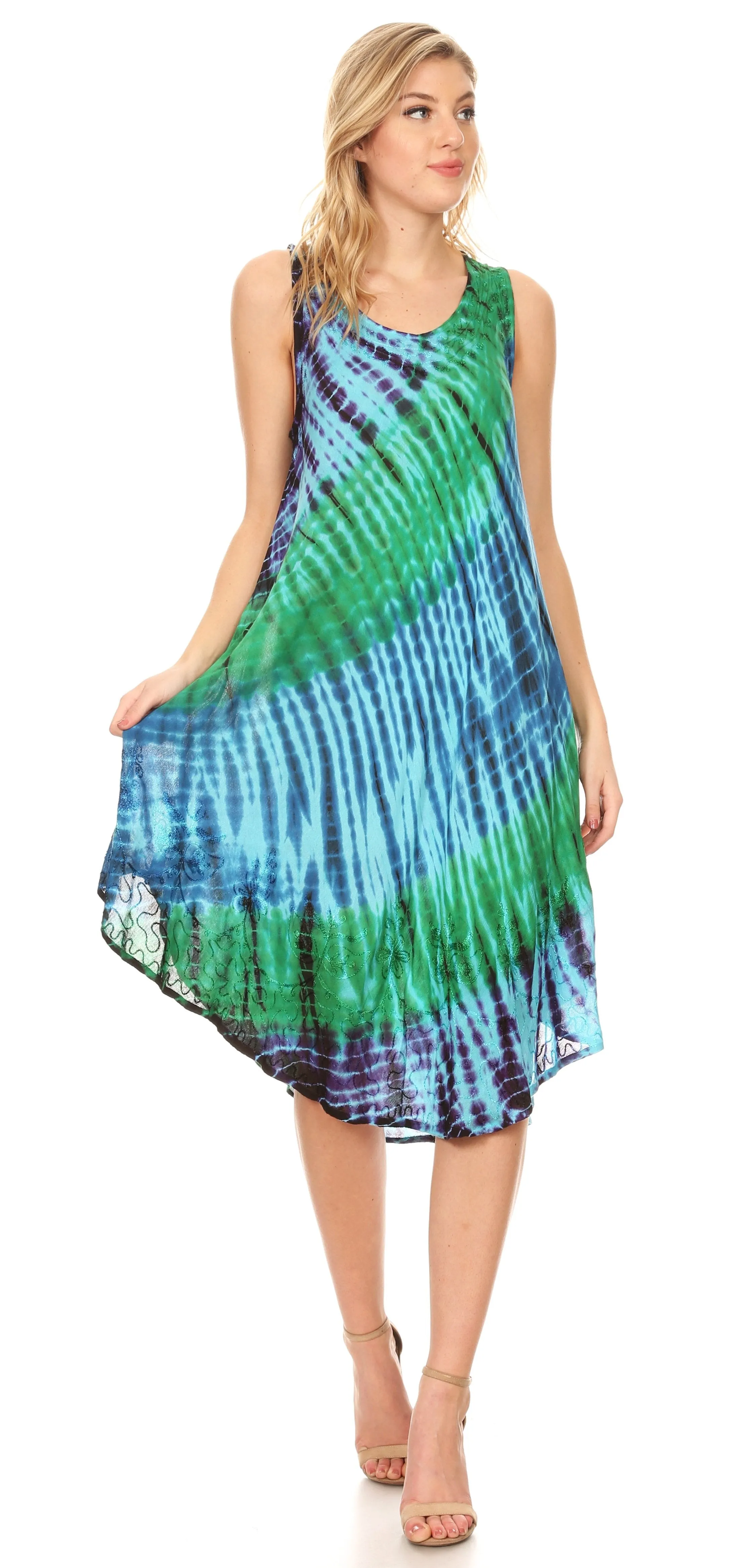 Sakkas Isola Women's Tank Summer Bohemian Swing Midi Dress Sleeveless Tie-dye