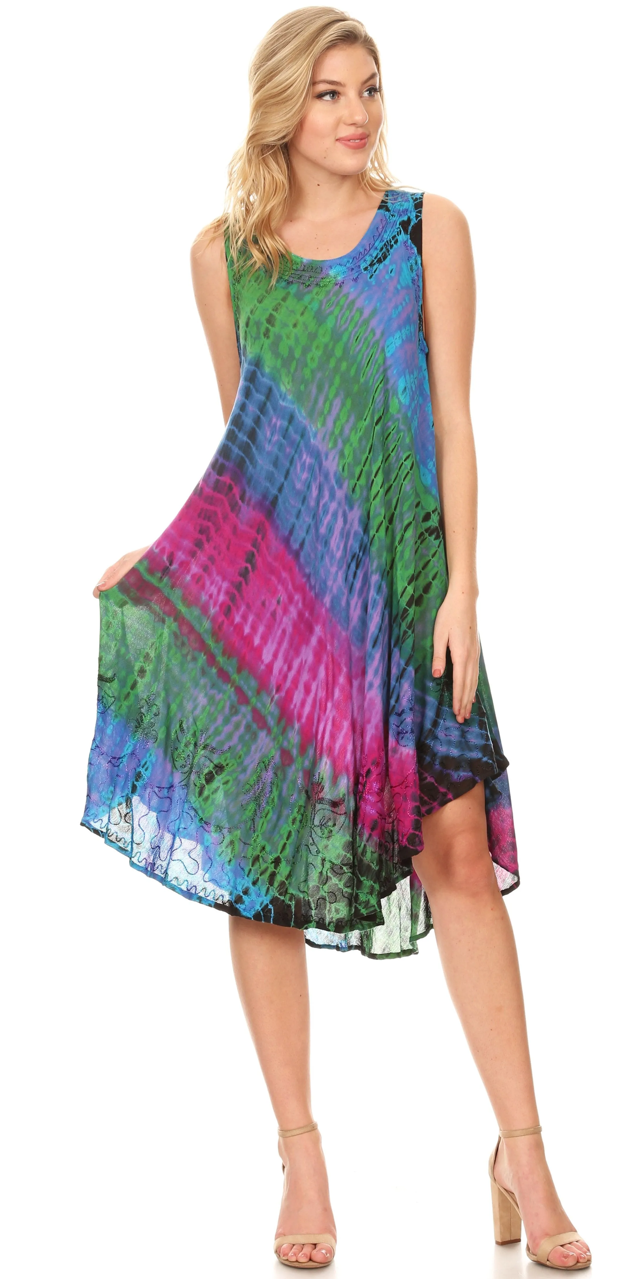 Sakkas Isola Women's Tank Summer Bohemian Swing Midi Dress Sleeveless Tie-dye