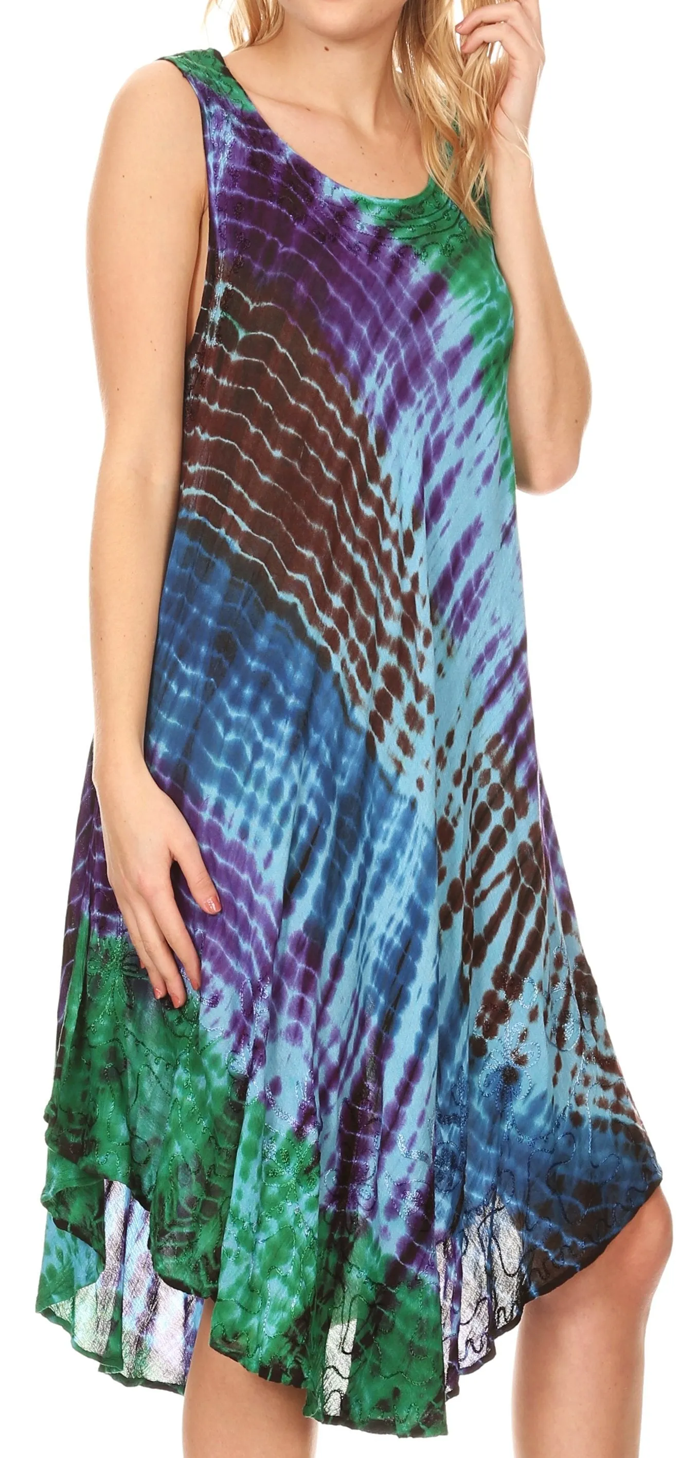 Sakkas Isola Women's Tank Summer Bohemian Swing Midi Dress Sleeveless Tie-dye