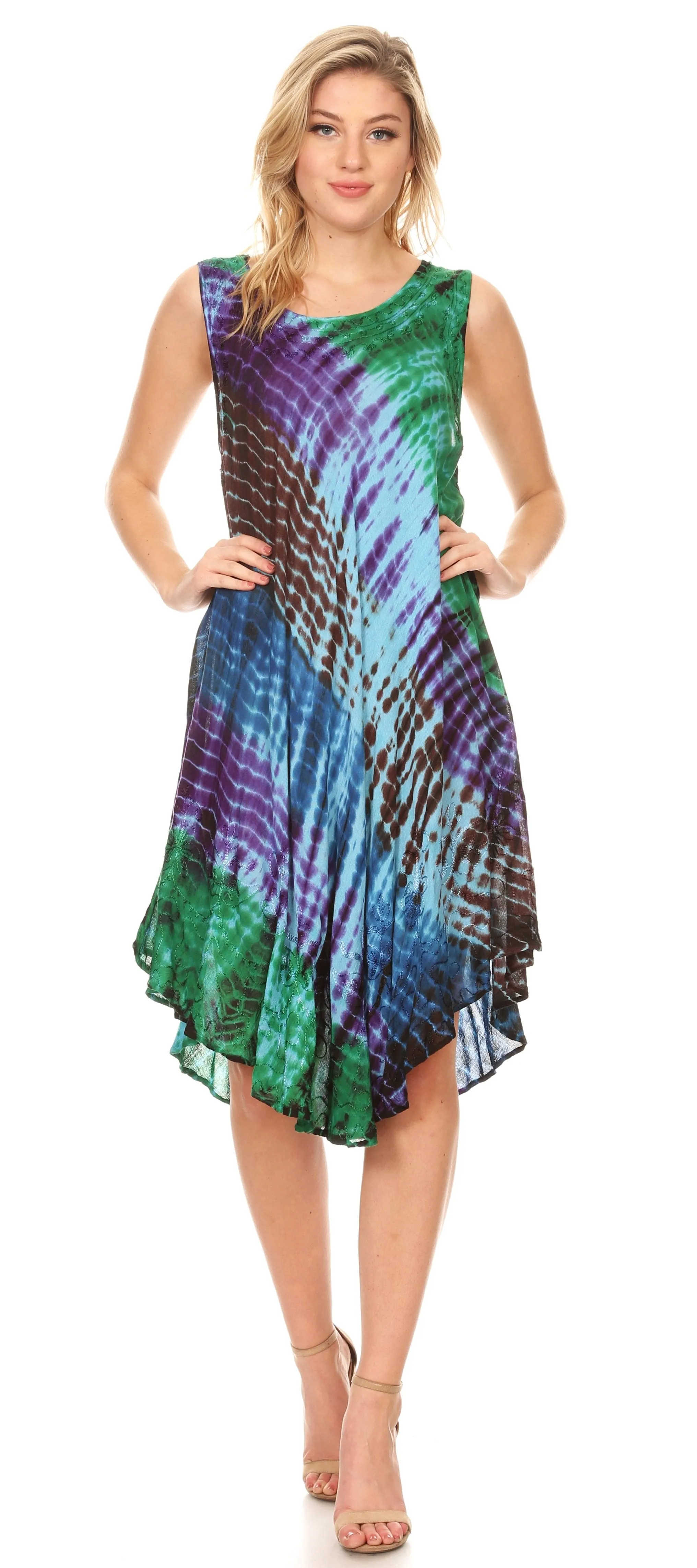 Sakkas Isola Women's Tank Summer Bohemian Swing Midi Dress Sleeveless Tie-dye