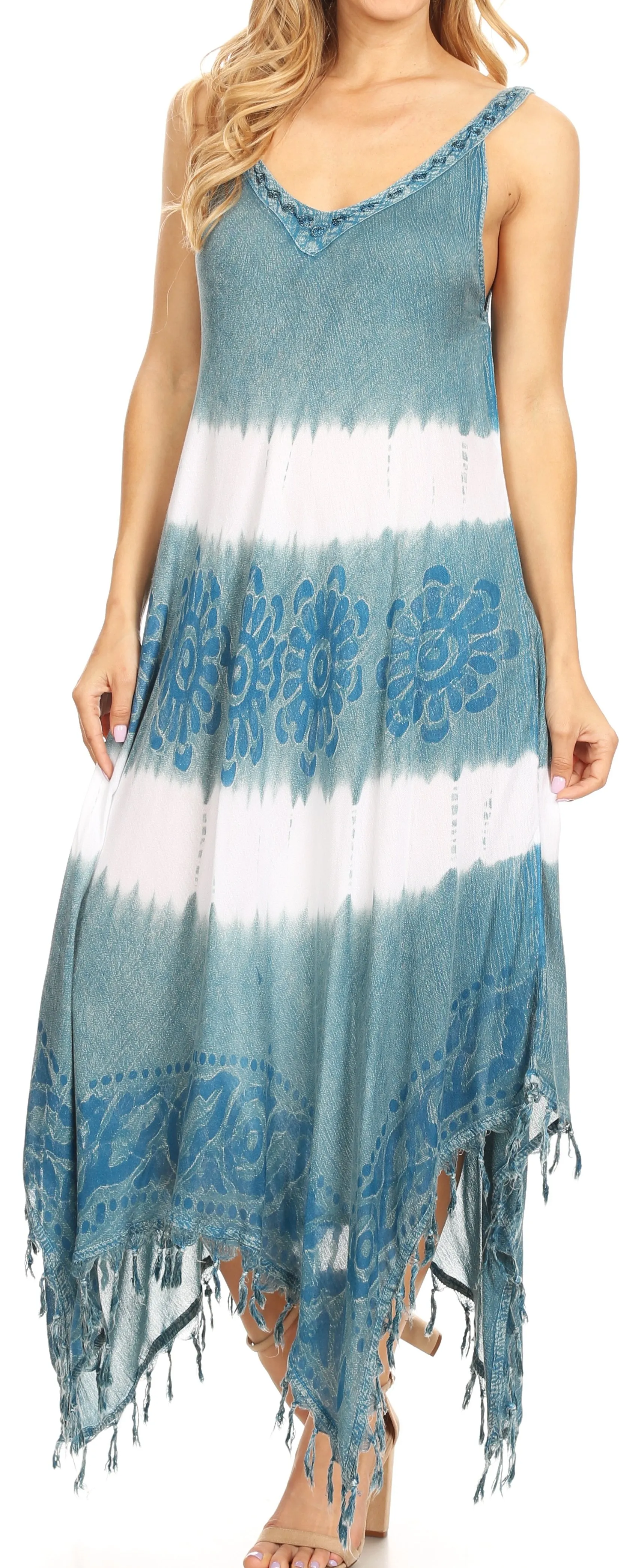 Sakkas Lupe Women's Casual Summer Fringe Maxi Loose V-neck High-low Dress Cover-up