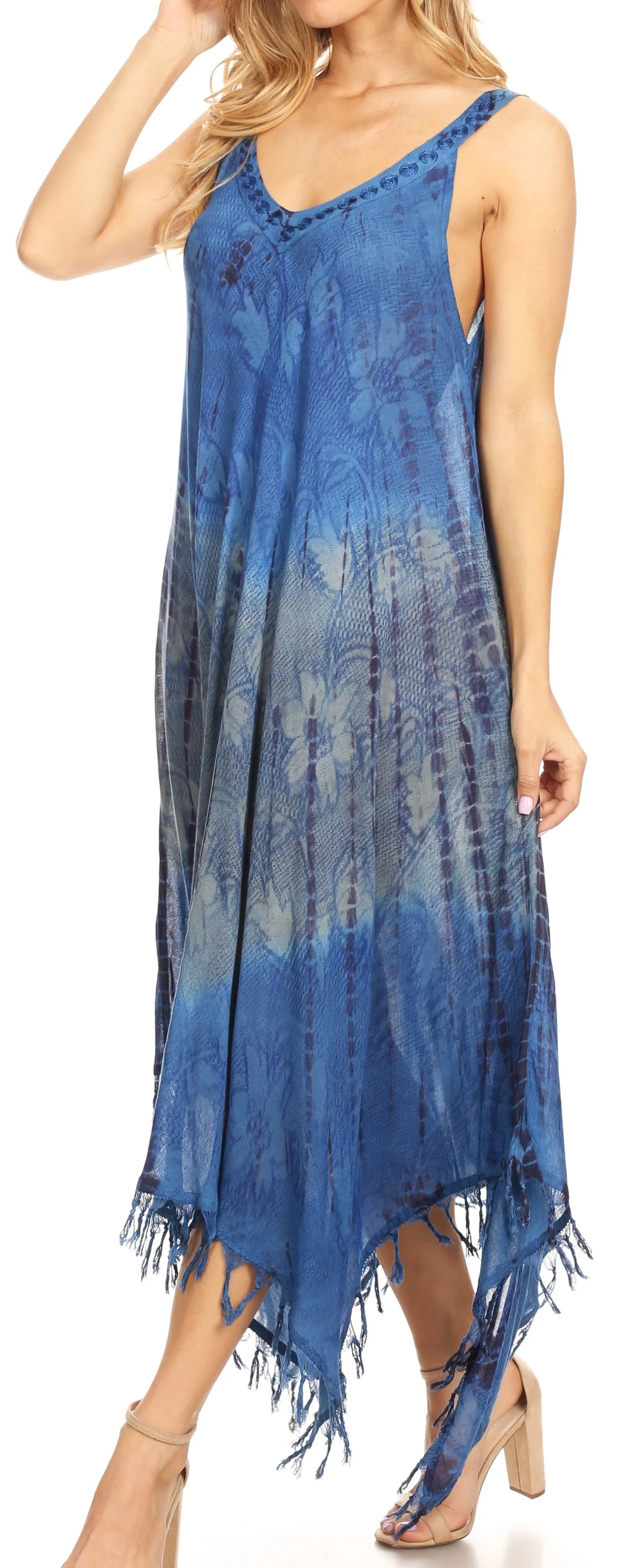 Sakkas Lupe Women's Casual Summer Fringe Maxi Loose V-neck High-low Dress Cover-up